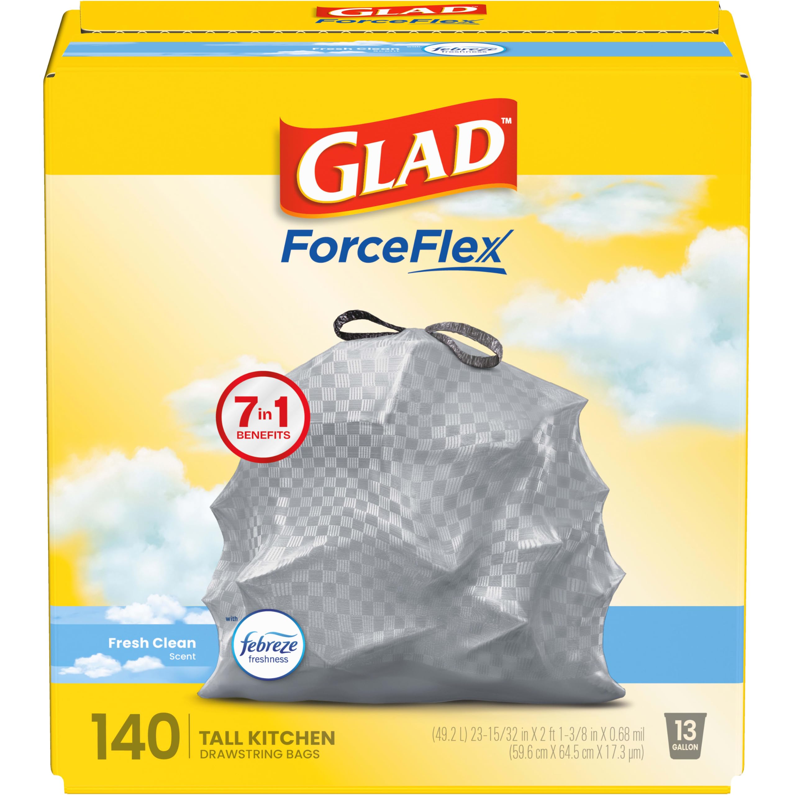 glad forceflex tall kitchen trash bags, 13 gallon, fresh clean, 140 count (package may vary)