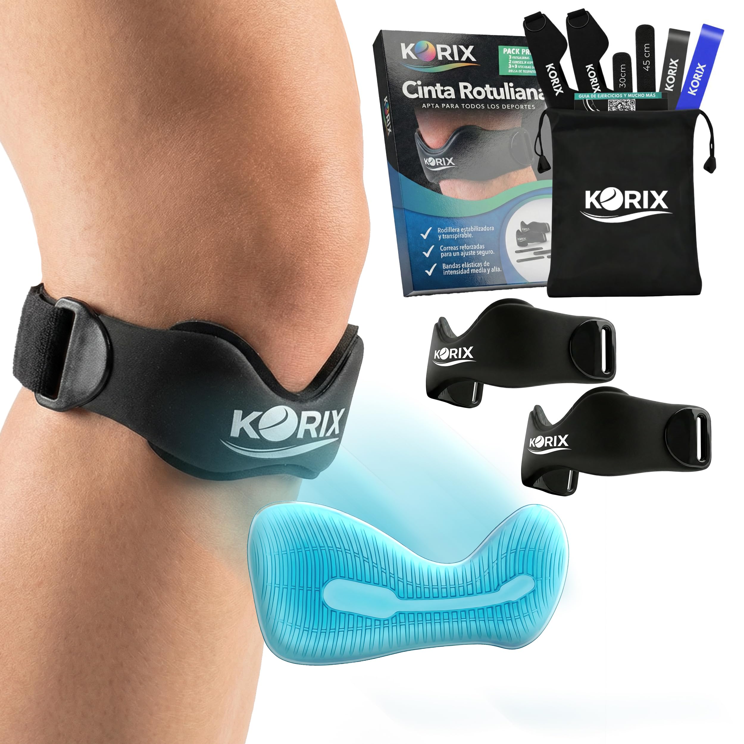 KORIX Pack Premium 2 Rodillera Rotuliana Deportiva Silicona + 2 Bandas Elásticas + 4 Correas Ajustables + Guía Ejercicios + Bolsa | Cinta Rotuliana Estabilizadora | Antideslizante | Última Generación
