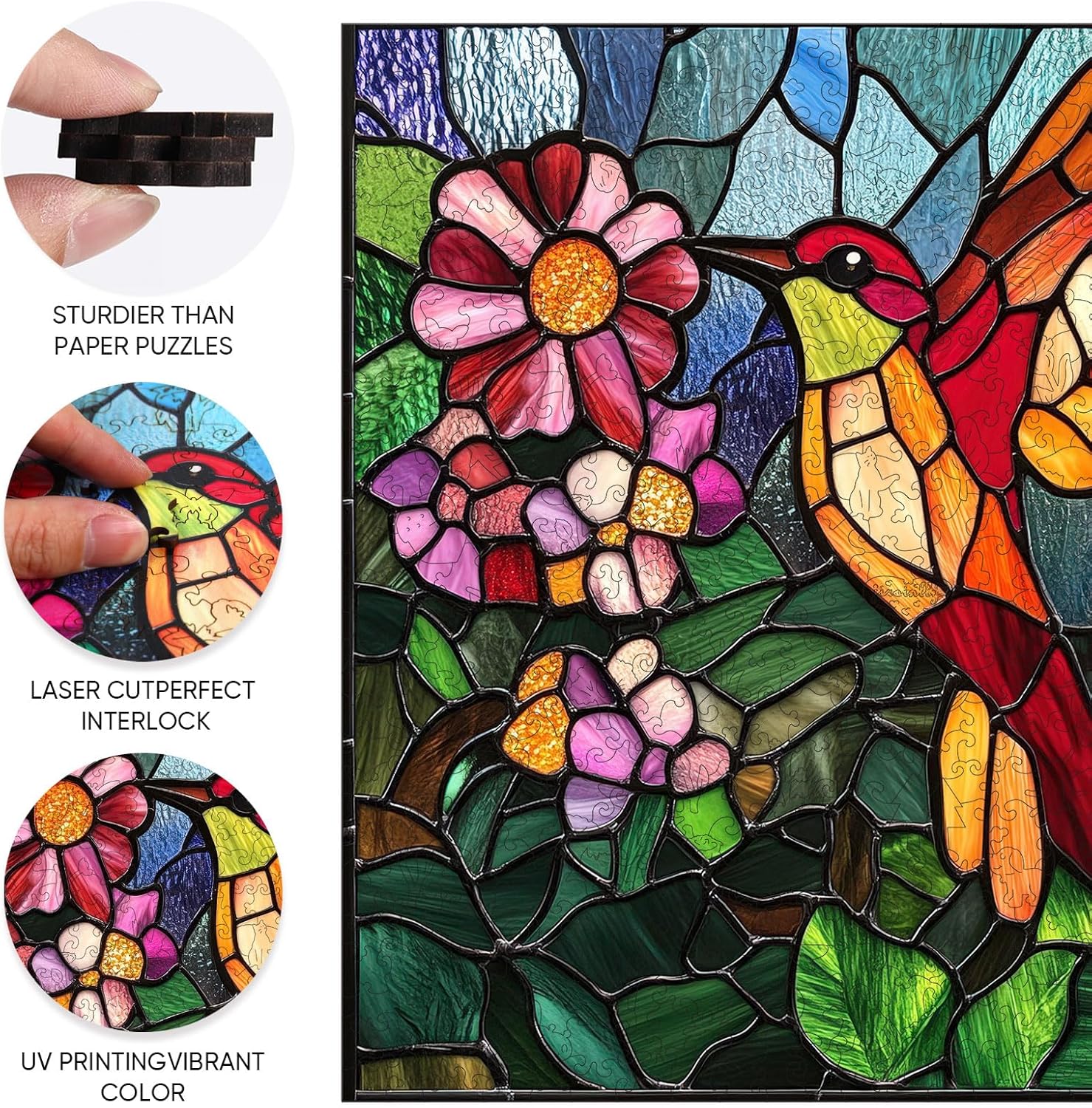 Jiroinlly Wooden Puzzles for Adults 300 Pieces, Stained Glass Hummingbird, Unique Shaped Jigsaw Puzzle, Relaxing Gift for Women, Home Wall Decor, 12.4x12.4 in