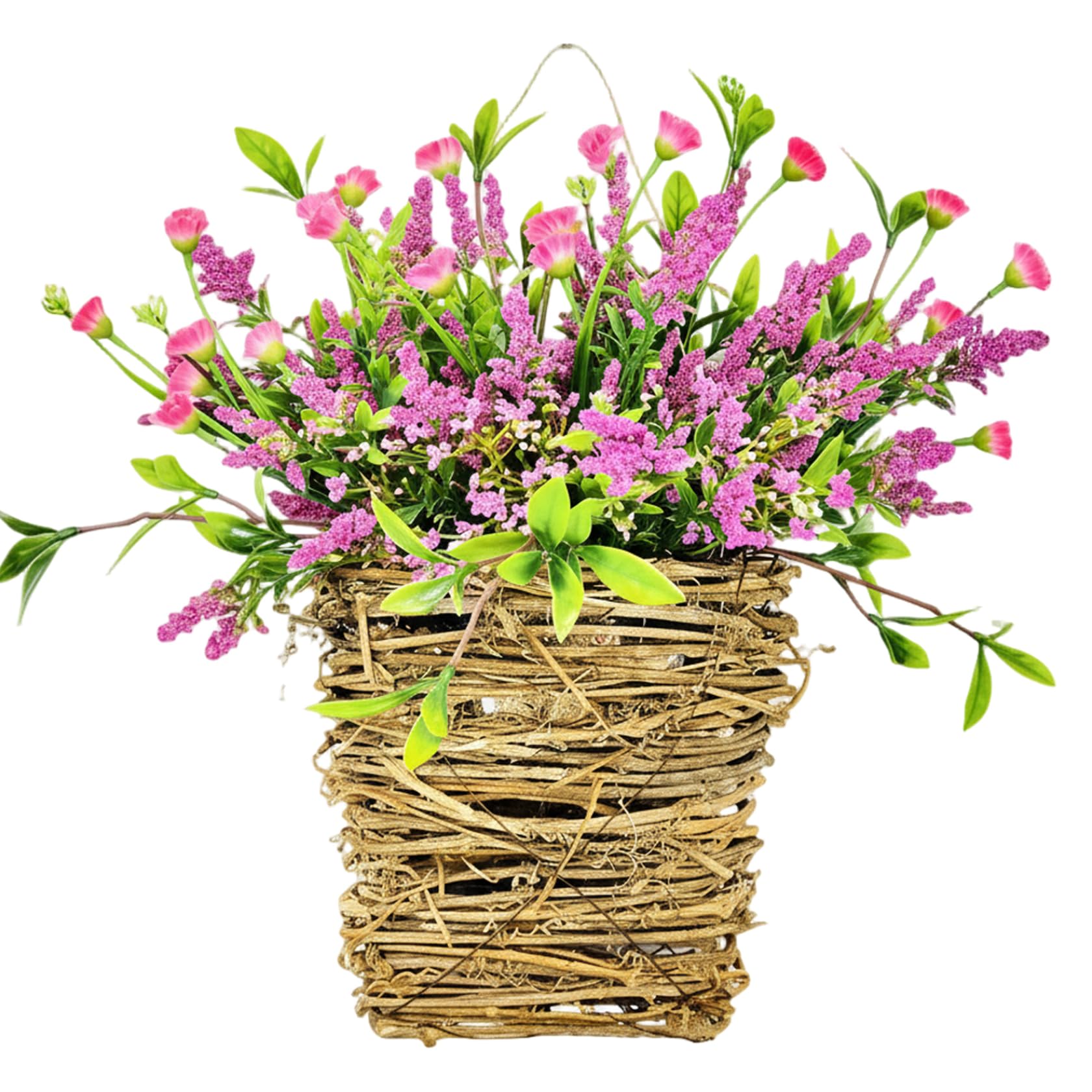 Ginwrek Front Door Hanging Basket Hanging Basket for Front Door, Spring Summer Berry & Wildflower, Decorative Burlap Bow for Porch Home Decor