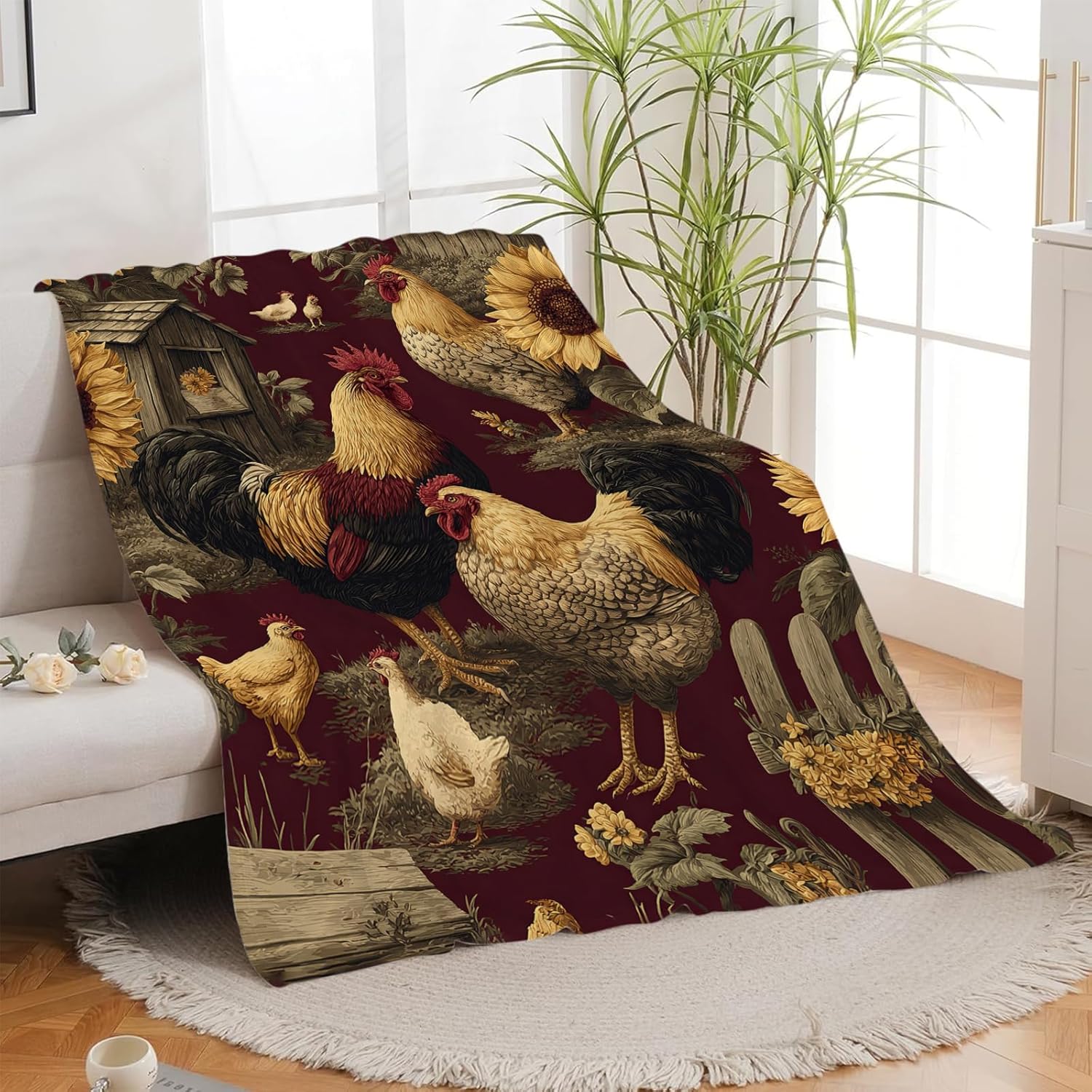 Rooster Blanket, Rustic Chicken Throw Blanket, Rooster Gifts, Farmhouse Blankets, Chickens Stuff Fleece Flannel Plush for Women Men Boys Girls Adults Soft Bedding for Sofa Bed Home 40"X50" - Image 9