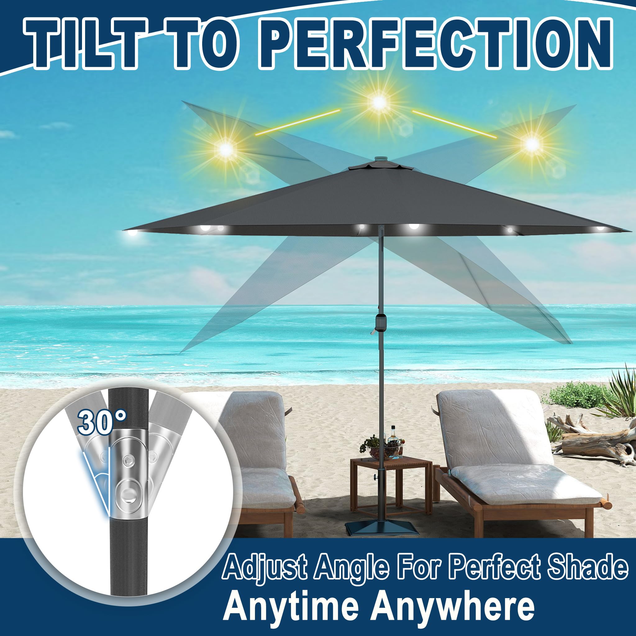 Froadp Sonnenschirm Groß, Achteckiger Strandschirm aus Polyester, Sonnenschutz Gartenschirm mit Regenschirmgriff, Tragbare Gartenschirm für Balkon Terrasse Schwimmbad (mit LED, Dunkelgrau/Beige)