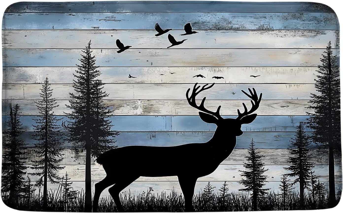 Rustic Deer Bath Mat Forest Wildlife Farmhouse Cabin Animal Lodge Hunting Camping Vintage Wood Board Microfiber Memory Foam Bathroom Decor Rugs for Kitchen Bedroom