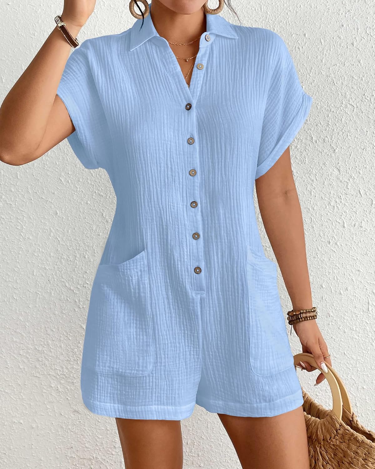Bsubseach Womens Rompers For Summer 2026 Shorts Jumpsuit Short Sleeve Button Down Romper With Pockets Beach Vacation Outfits - Image 2