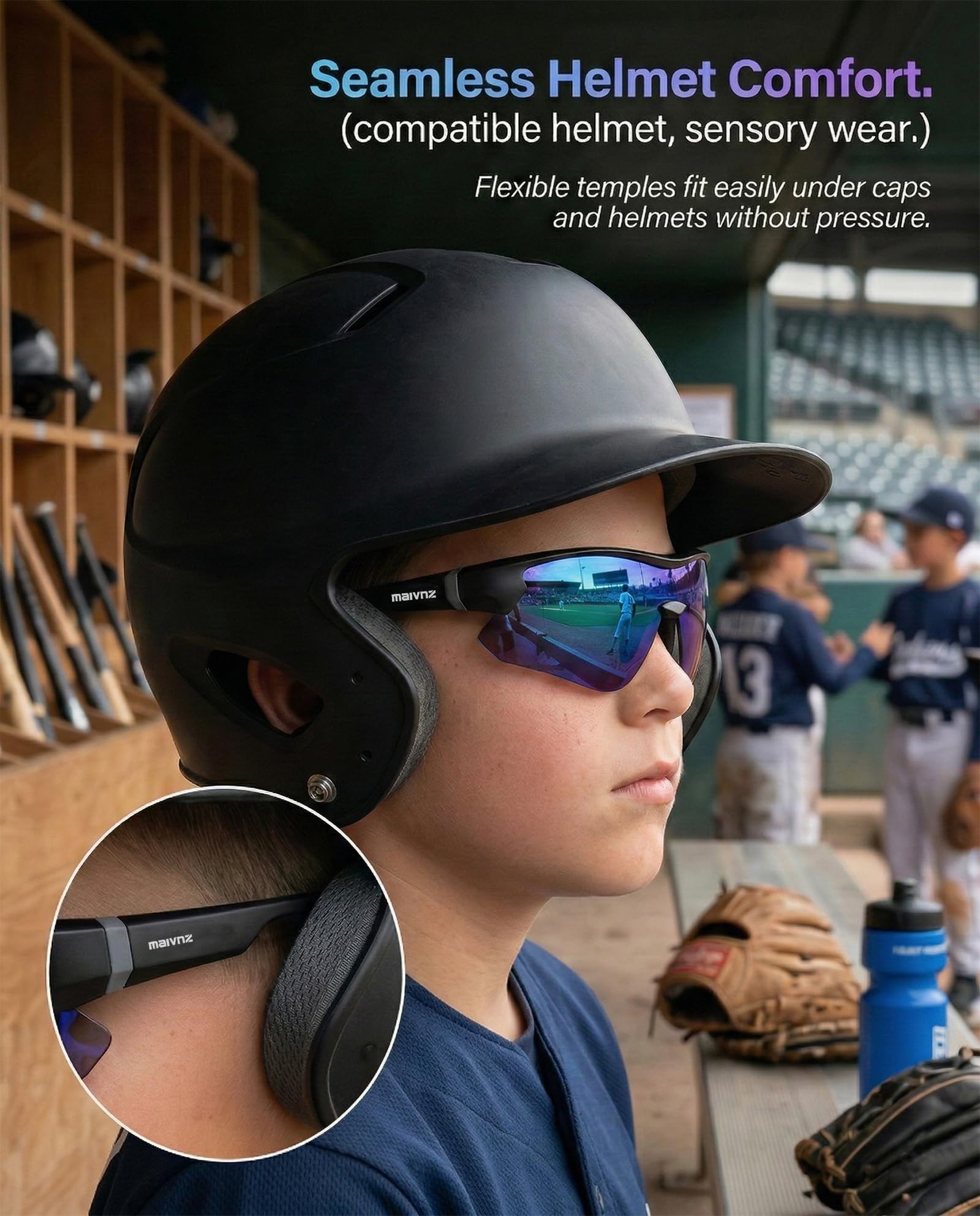 maivnz Okulary przeciwsłoneczne baseballowe dla chłopców i dzieci w wieku 8-14 lat, pancerne okulary przeciwsłoneczne UV400 Softball (czarne/niebieskie)