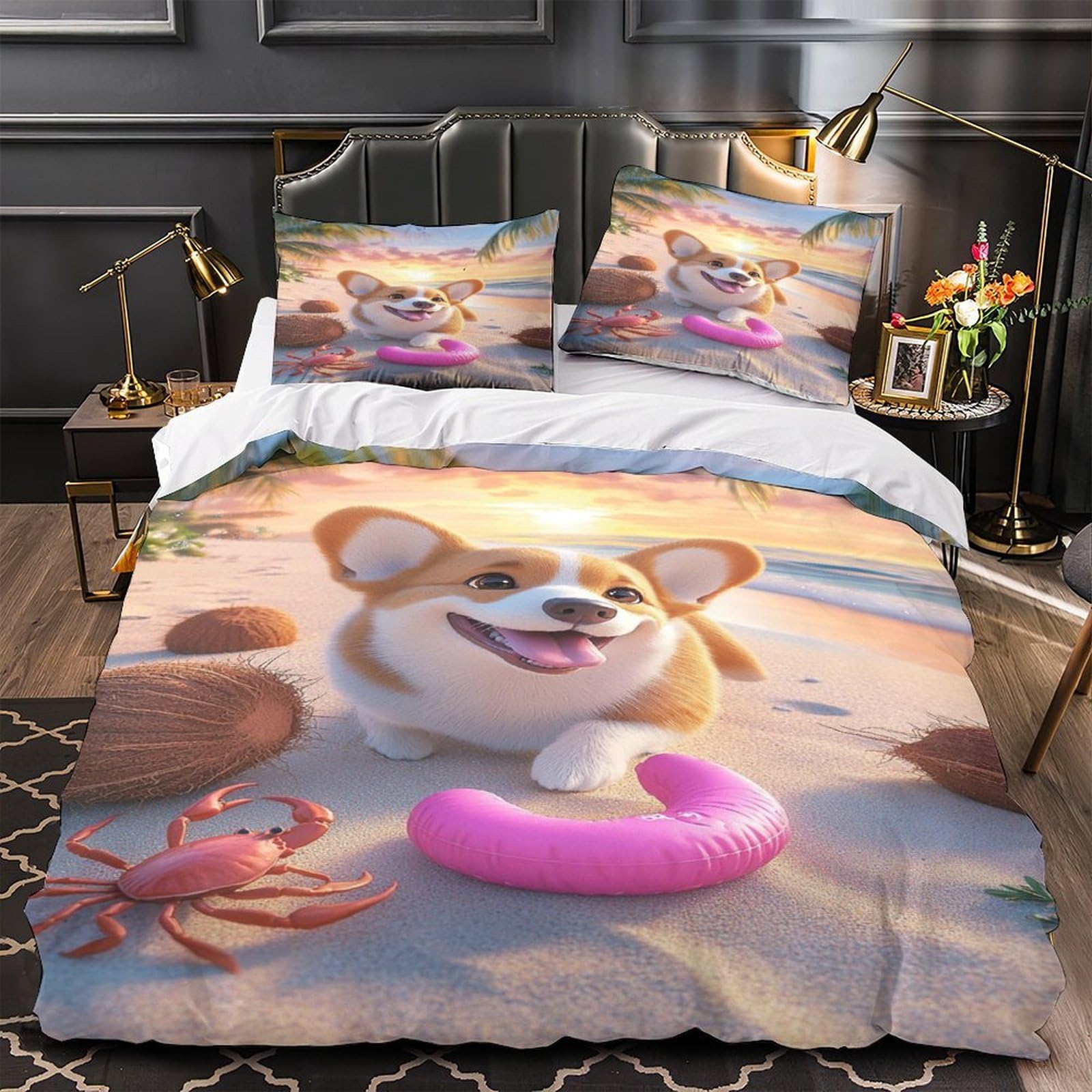 Housse de couette Corgi 3D anti-tache : la solution grand confort pour lit de famille
