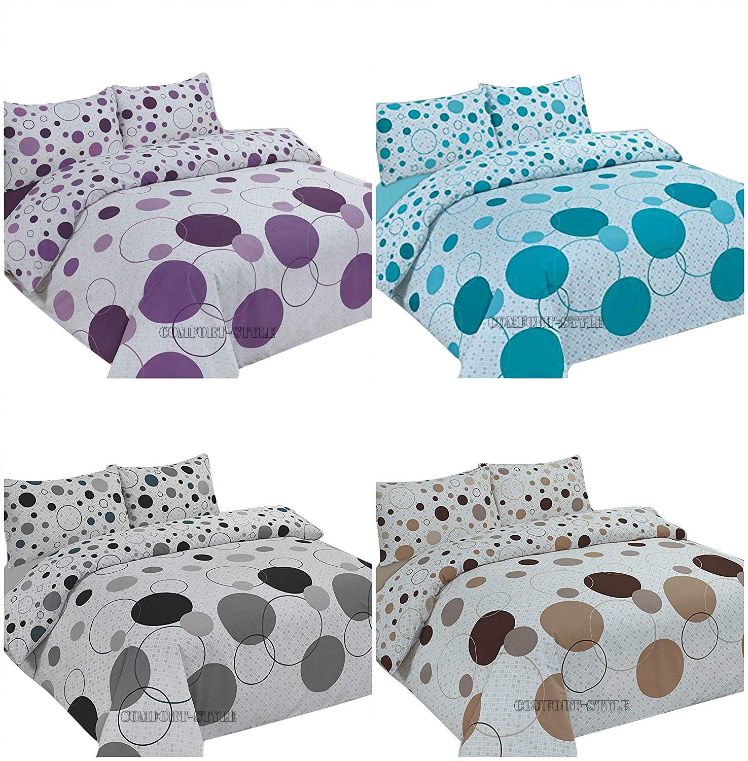Comfort-Style NOAH Printed QUILT Circle Polka Dot DUVET COVER SET + Matching Pillowcases Reversible Bedding Set UK Sizes (LILAC, Double DUVET SET)