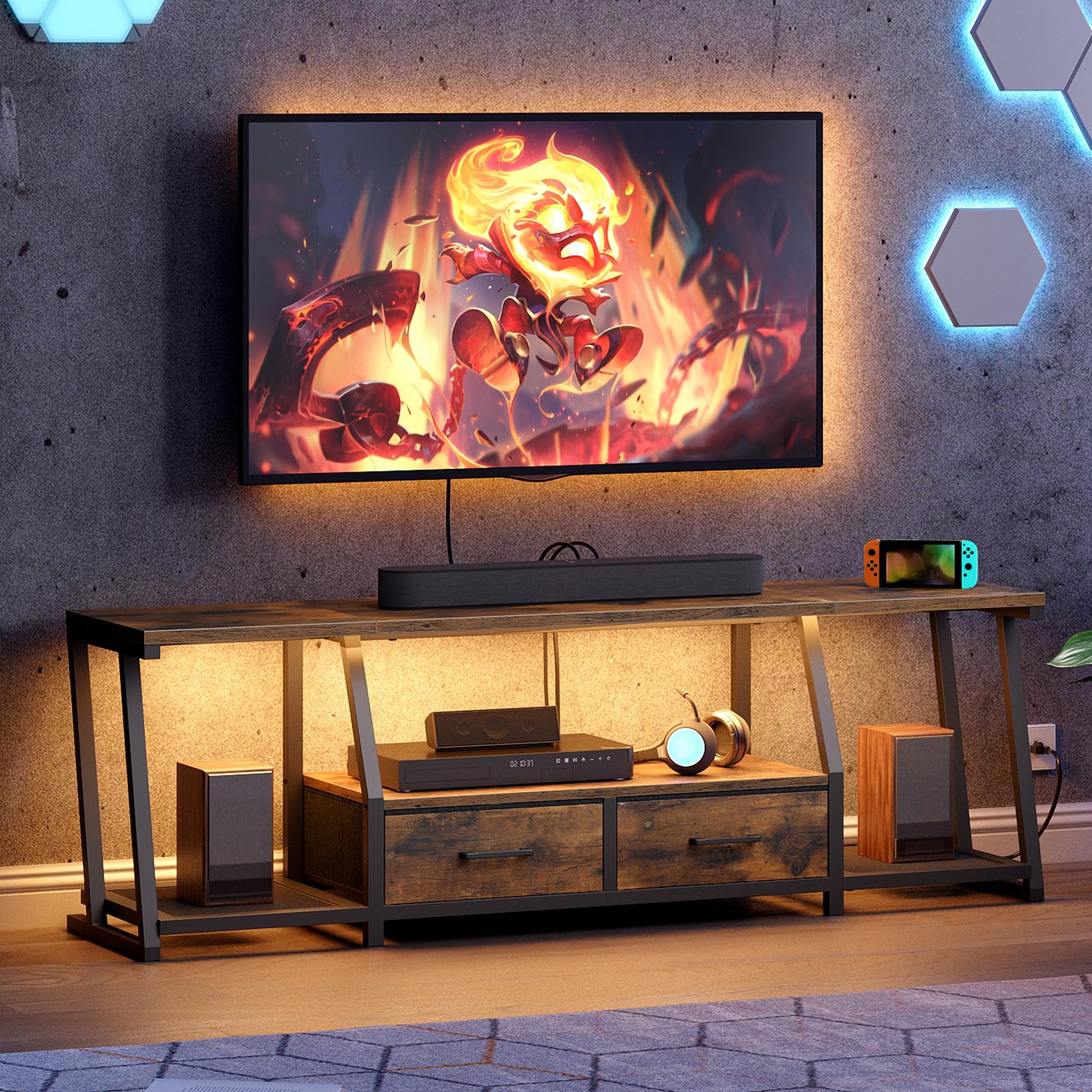 RALGEND LED TV Stand for 75 Inch TV, Entertainment Center with Open Shelves and Power Outlets, TV Console Table with Fabric Drawers, Media Console for