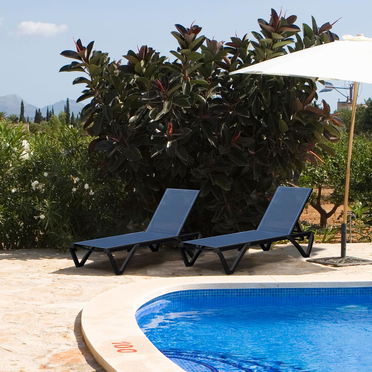 Domi Pool Lounge Chairs Set of 2, Aluminum Adjustable Outdoor Chaise Lounge with Wheels, All Weather Poolside Chairs for Deck Lawn Patio Backyard, Textilene - Navy Blue