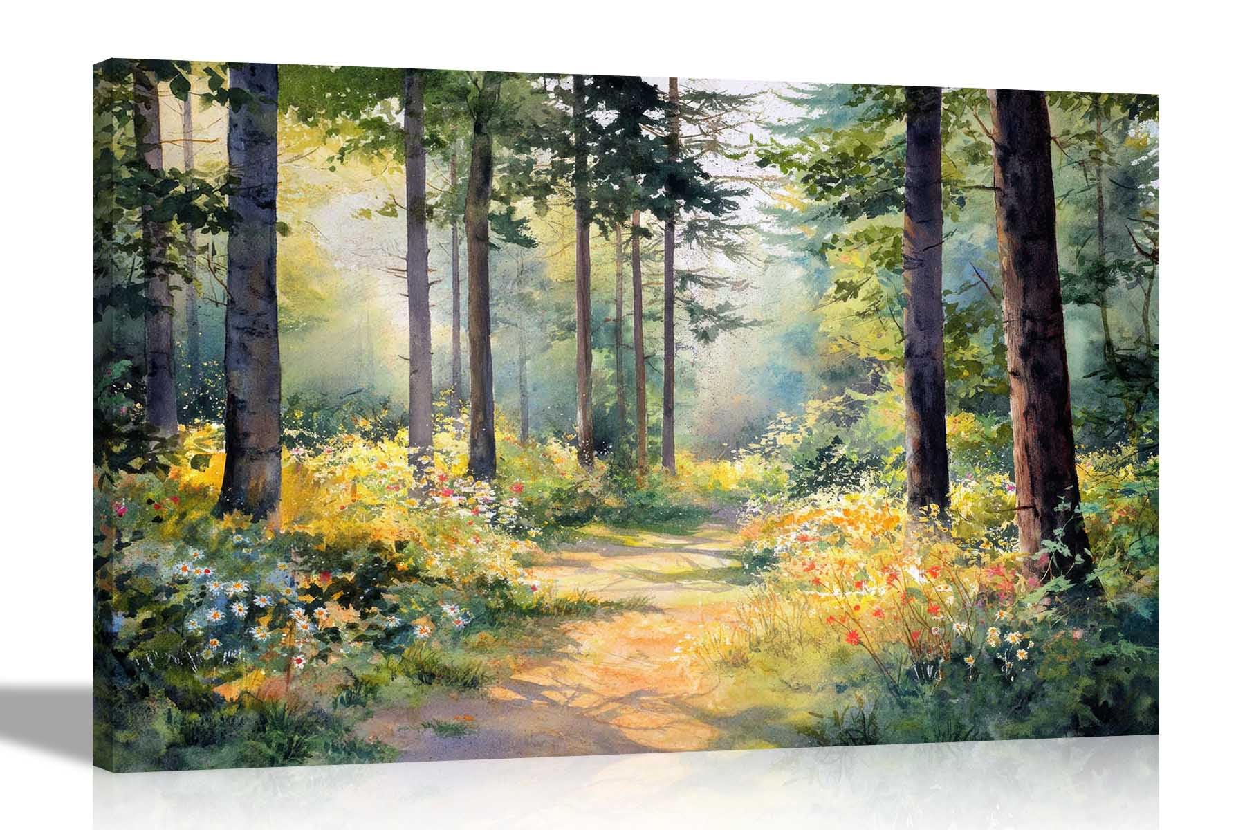 Artley Prints - Trail in Summer Forest Watercolor Canvas Wall Art Prints Modern Pictures for Home Living Room Bedroom Large 86 x 61cm (34 x 24 inches) A1