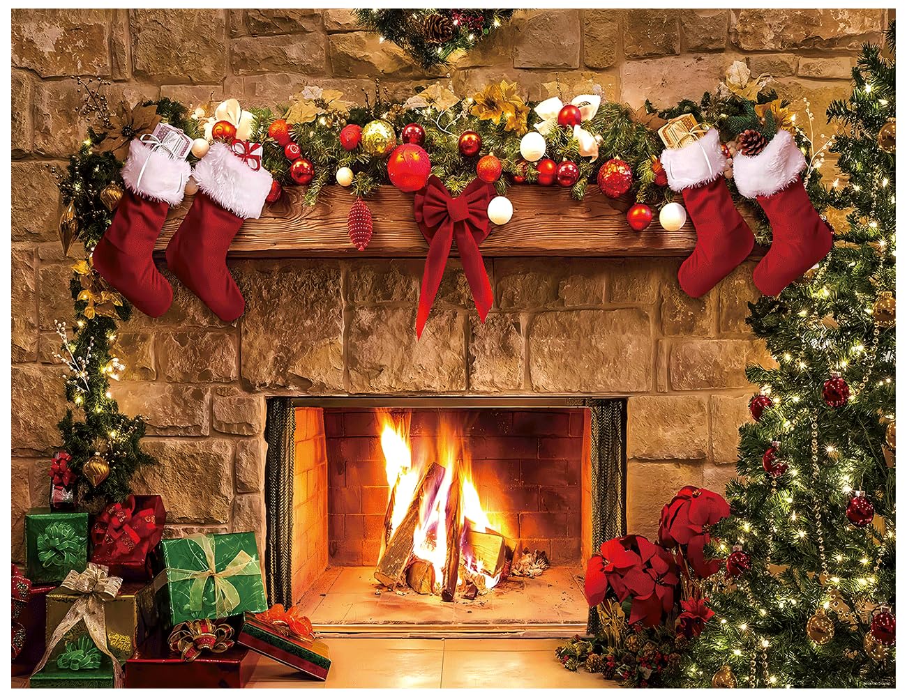 YYNXSY 7X5FT Christmas Fireplace Backdrop Christmas Photography Background Tree Sock Gift Decoration Banner for Xmas Party Photoshoot Indoor Decor