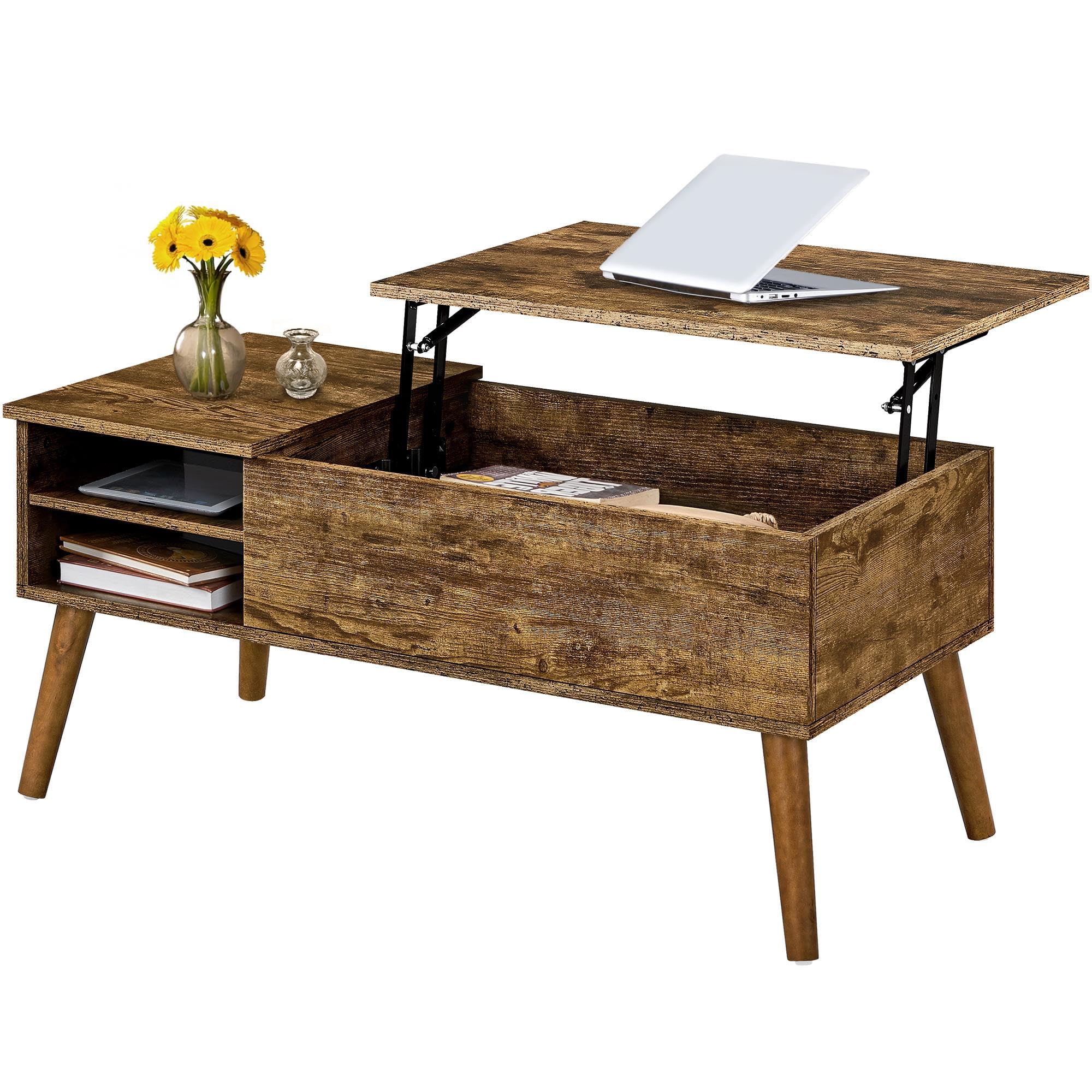 Yaheetech Lift Top Coffee Table, Industrial Style Coffee Table with Hidden Storage & Adjustable Storage Shelf, Center Table Sofa Table for Living Room, 100x48x45cm, Rustic Brown