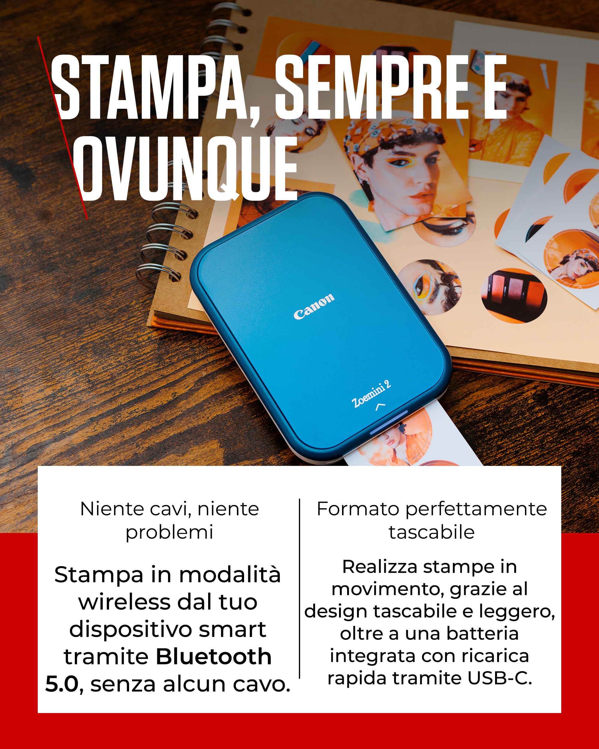 Canon Zoemini 2 Stampante Fotografica Portatile Compatta Bluetooth 5.0 Ricarica Rapida USB-C Blu Marino