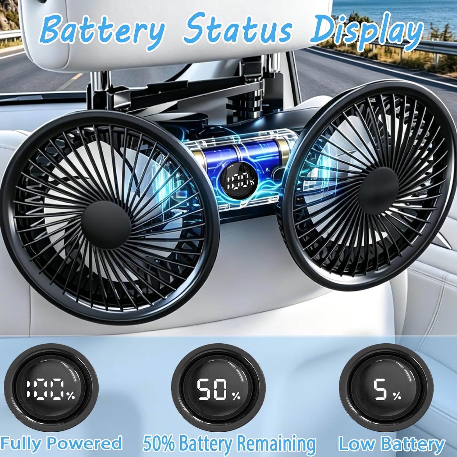 Rechargeable Car Backseat Fans for Backseat for Kids, Car Back Seat Fans for Car Kids Backseat