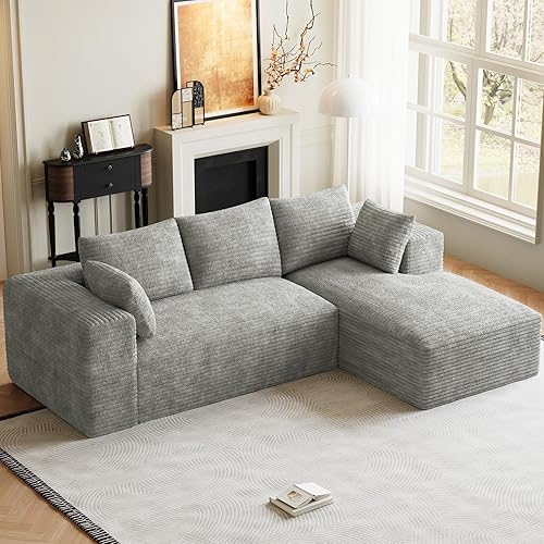 107" L-Shaped Boneless Sectional Couches for Living Room, Comfy Corduroy Fluffy Cloud Couch, Deep Seat Memory Foam Plush Modular Sectional Sofa with Right-Facing Chaise, No Assembly, Light Grey
