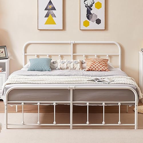 VECELO Marco de cama, plataforma de metal tamaño King con cabecero y estribo, base de colchón de soporte de listones de acero de alta calidad, no