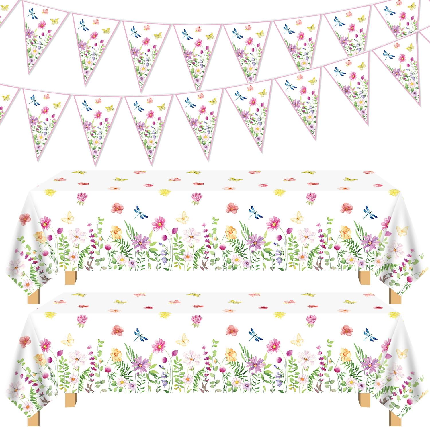 4 Pack Spring Floral Tablecloth Wild Flowers Table Cloth Flower Table Cover 2 x Plastic Spring Floral Tablecloth 51 x 86 Inches 2 x Wildflower Element Banners for Flower Wedding Baby Shower Birthday
