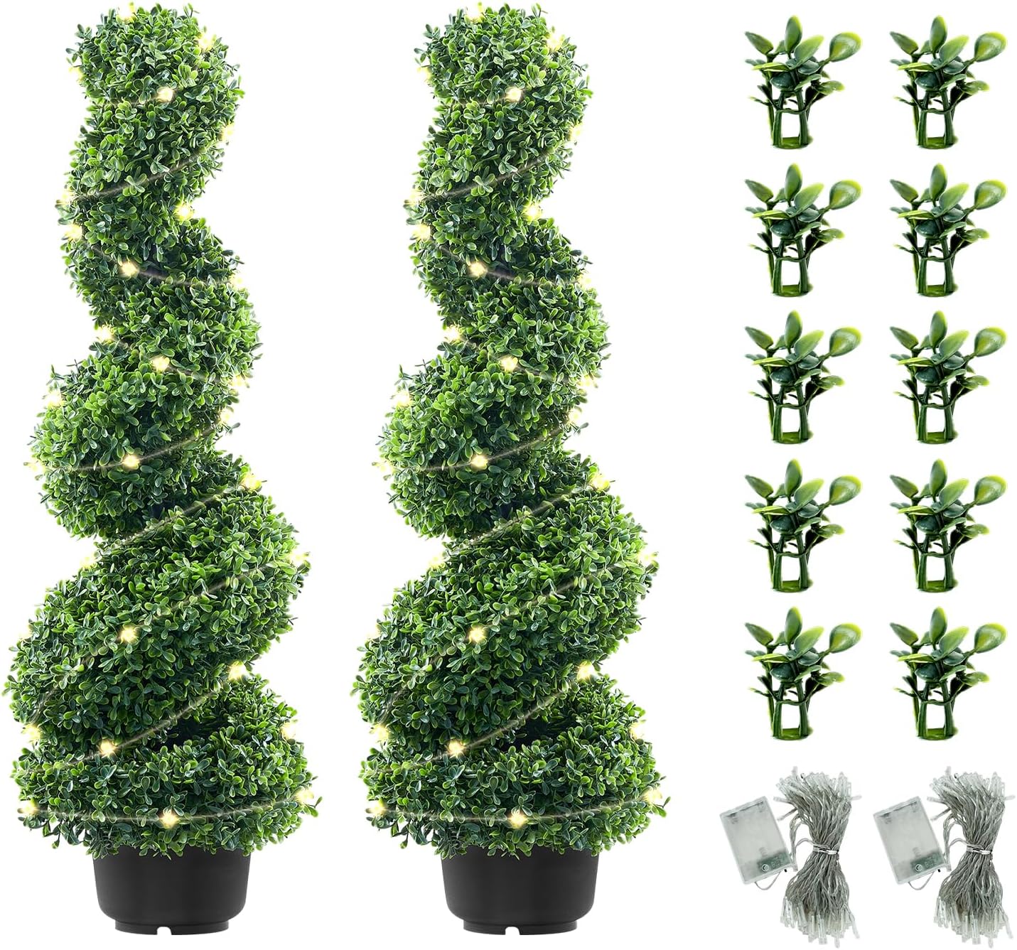 FutureNest Artificial Boxwood Spiral Topiary Trees 3ft (2 Pieces) Faux Plant Outdoor, All-Year Green Fake Plant with Replaceable Leaves for Decorative/Indoor/Porch/Garden(2 LED Light Kits Included)