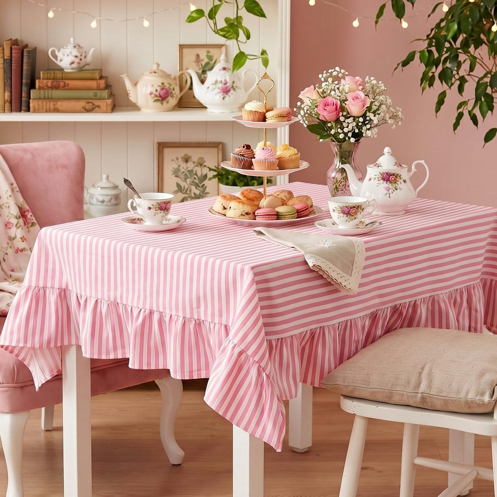 Photo 1 of Mindsoft Pink Striped Ruffled Rectangular Tablecloth 52 x 70 Inches