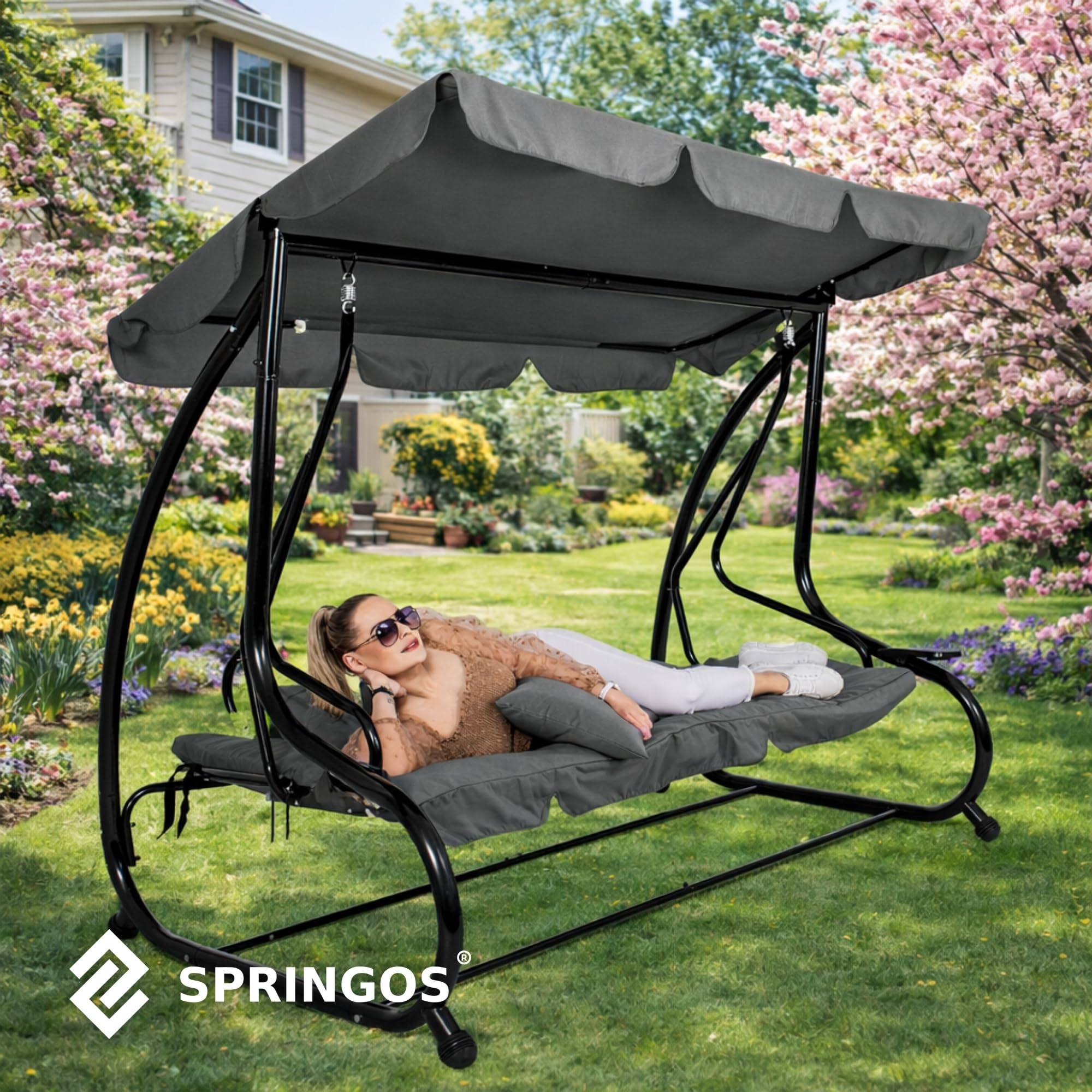 SPRINGOS Columpio de jardín de 4 plazas, 220 x 162 cm, con 2 cojines, soporte para bebidas y función reclinable, resistente a la intemperie para jardín, balcón y terraza