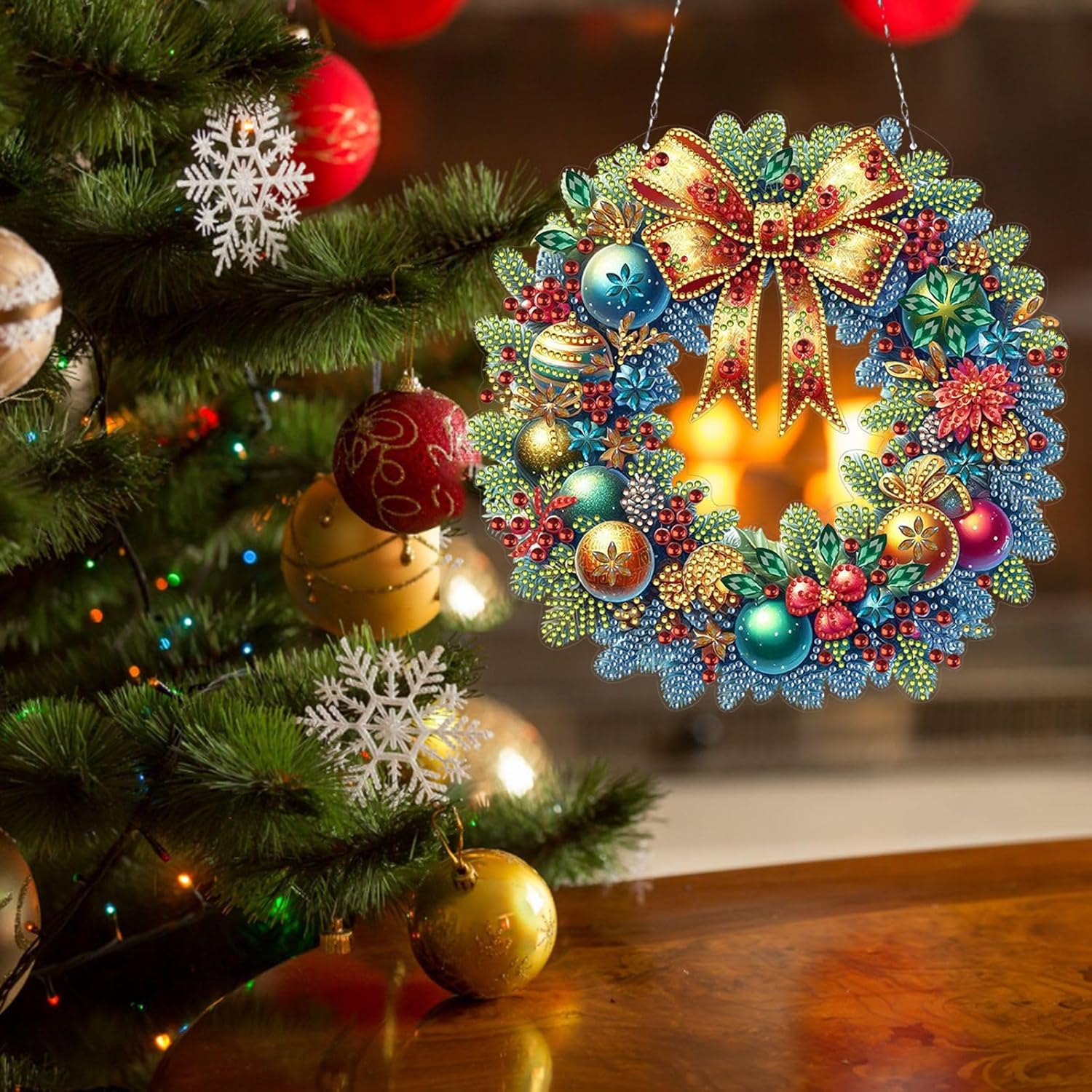 BAYUNOE 2Pcs DIY Hanging Diamond Pendant Christmas Wreath Openwork Design Diamond Art Painting Ornament Double Sided Pattern Single Sided for Window Home Garden Wall Door Decor-Wreath02