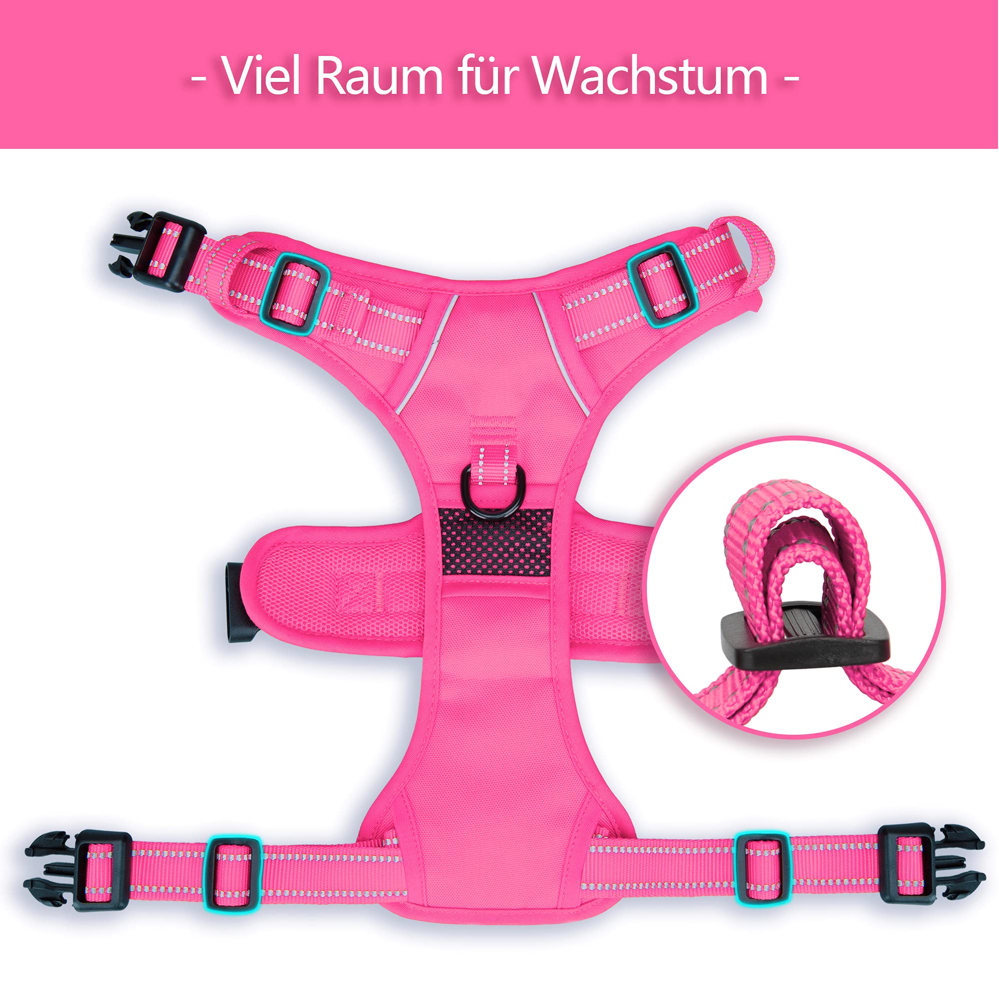 PoyPet No Pull Imbracatura riflettente per cani senza choke, gilet morbido imbottito con impugnatura Easy Control (rifiniture rosa abbinate)