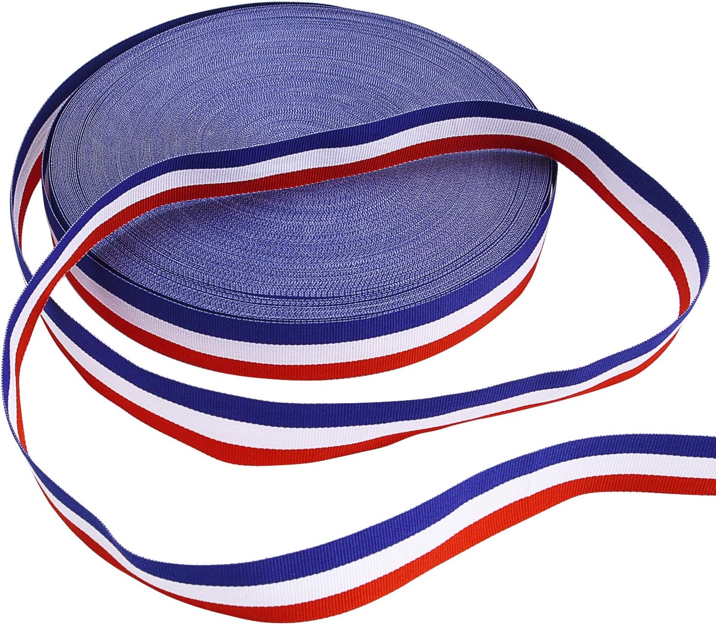 Stripes Fabric Grosgrain Ribbon for Badge Medal Patriotic and Gift Wrapping, 1 Inch, 50 Yard (Blue/Red/White)