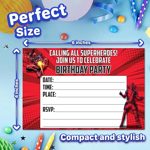 Miniatura 7 de Deadpool - Tarjetas de invitación y sobres, 20 invitaciones rellenas para fiestas de cumpleaños infantiles y fiestas temáticas, 3.9 x 5.9 in, estilo