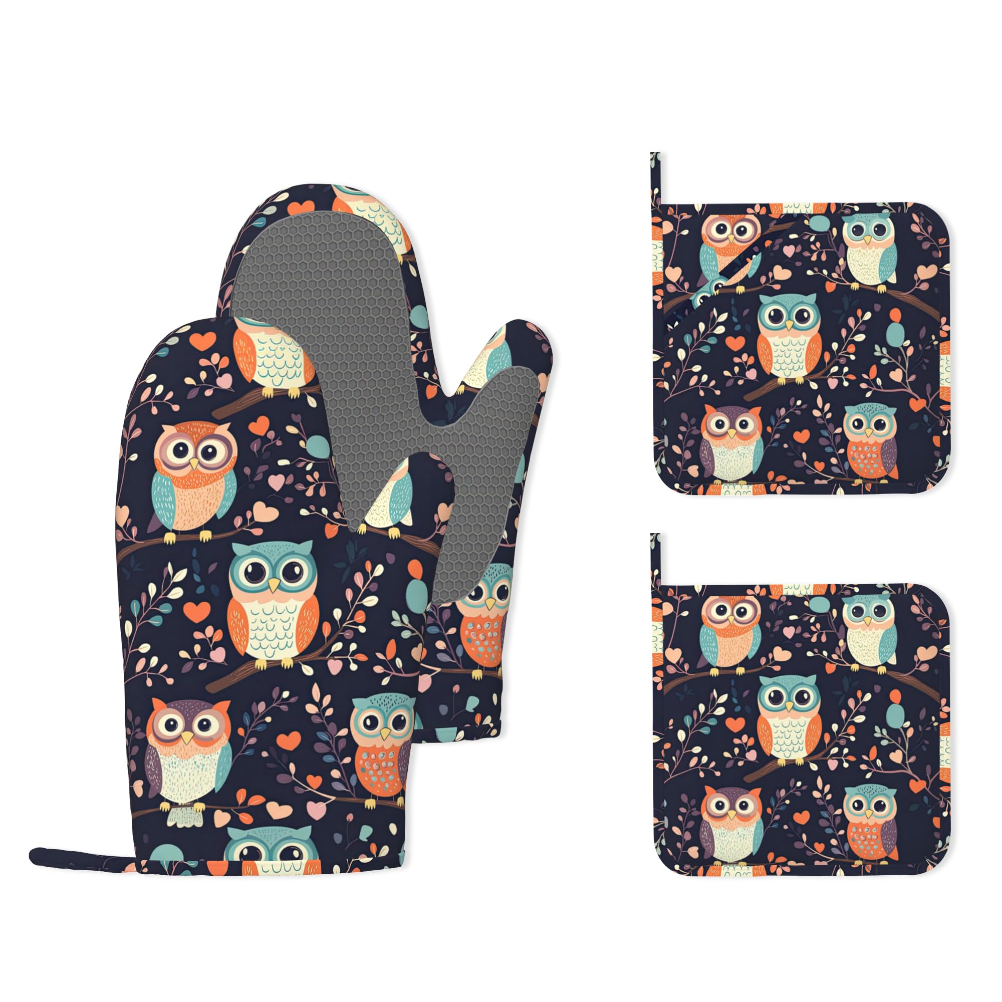 Cute Owl - Juego de 4 manoplas de horno de silicona resistentes al calor y soportes para ollas, extralargos, antideslizantes, para cocinar, hornear, asar a la parrilla
