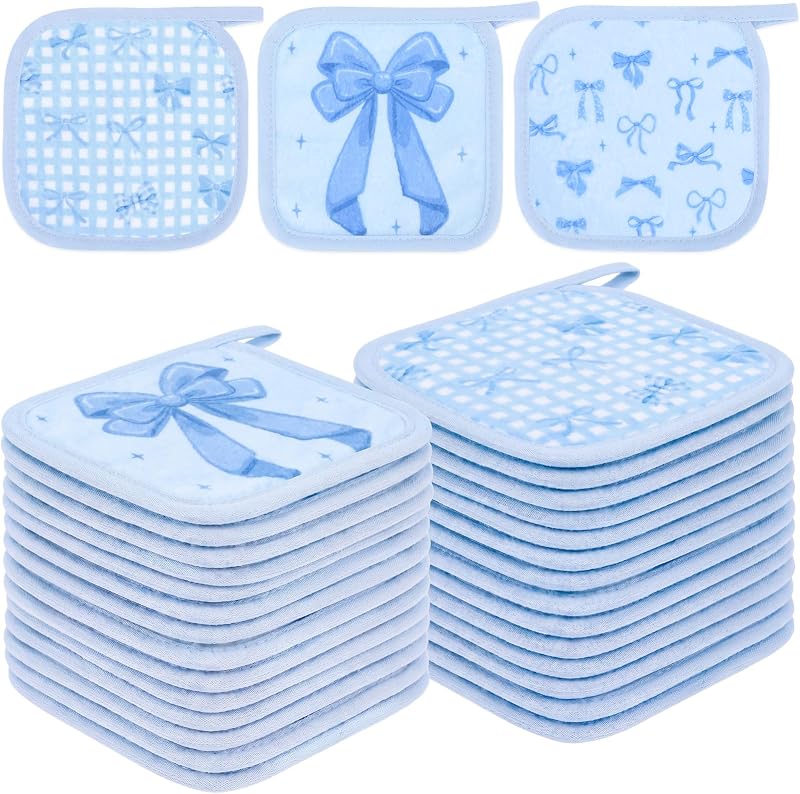 24 Pcs Blue Bow Party Favor Makeup Remover Cloth 6" x 6" Towels Reusable Coquette Blue Bow Remover Face Pads Soft Microfiber Washcloths Facial Cloths Makeup Towel Gift for Women
