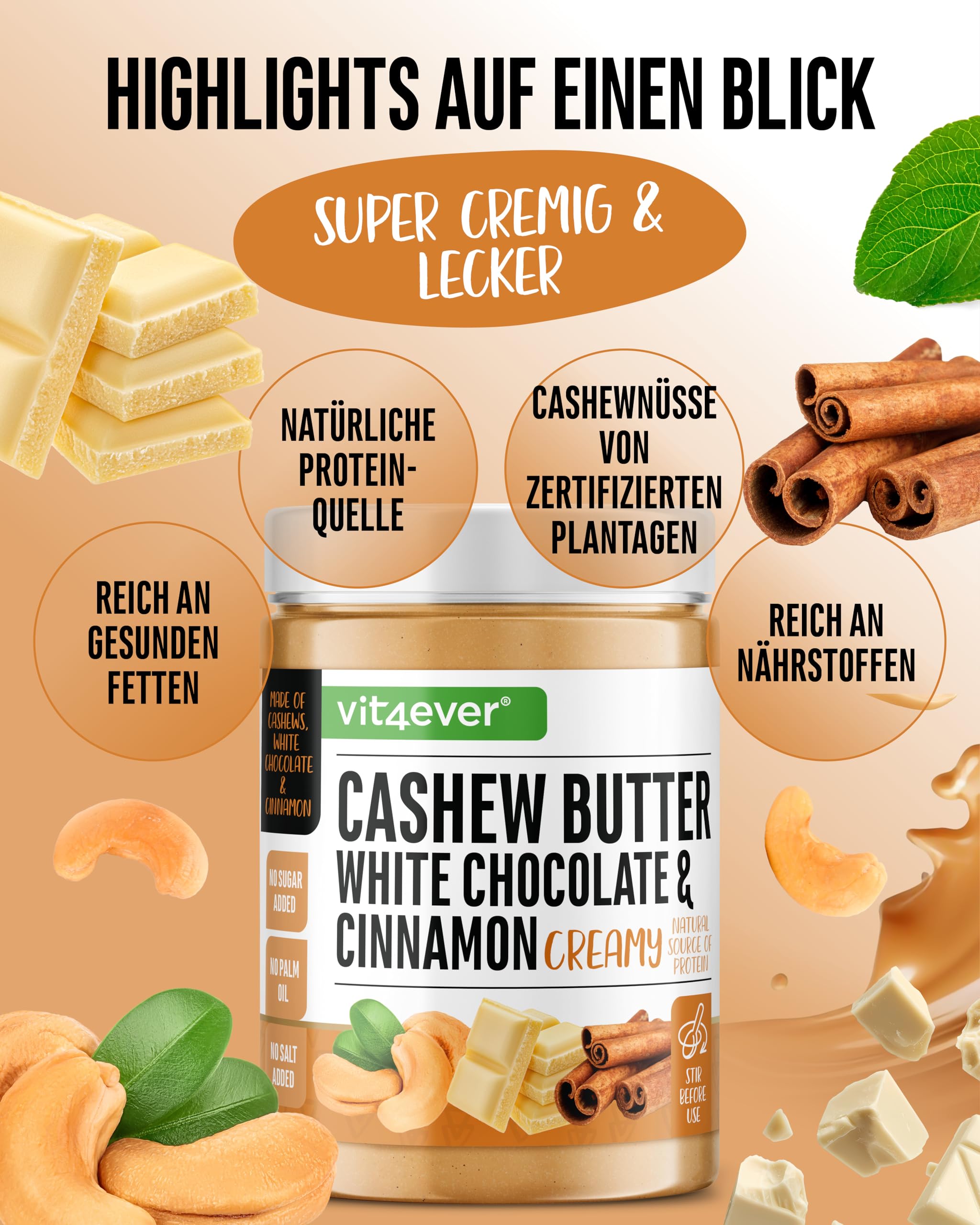 Cashewbutter mit weißer Schokolade & Zimt - 1kg natürliche Cashew Butter - Natürliche Proteinquelle - Cashewmus ohne Zusätze von Salz, Öl oder Palmfett, cremig, smooth | 82,3 % Cashews, ohne Zuckerzusatz & Palmöl, cremig-smooth