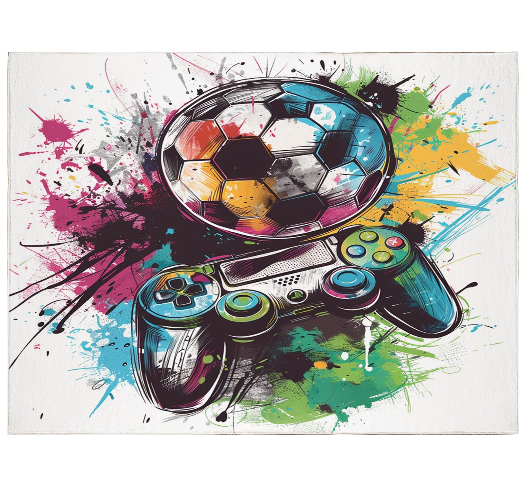 Gamer Teppich jugendzimmer Jungen kinderzimmer Junge 120x170 cm rutschfest Waschbar, Fussball Teppich Graffiti Game Druck weißWohnzimmer Weiß Läufer (White,120 x 170 cm)