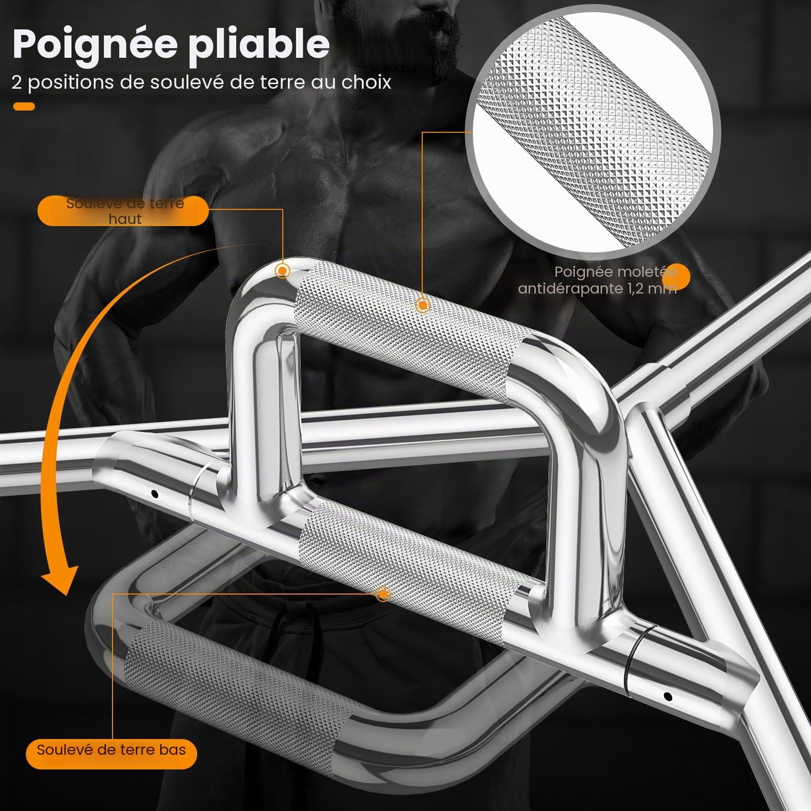 FANTASK Trap Bar, Hex Bar en 3 parties, 25 mm, charge maximale : 226 kg, avec 2 fermetures à ressort, barre d'haltères hexagonale, pour squats, soulevés de terre, soulevés d'épaules, argent