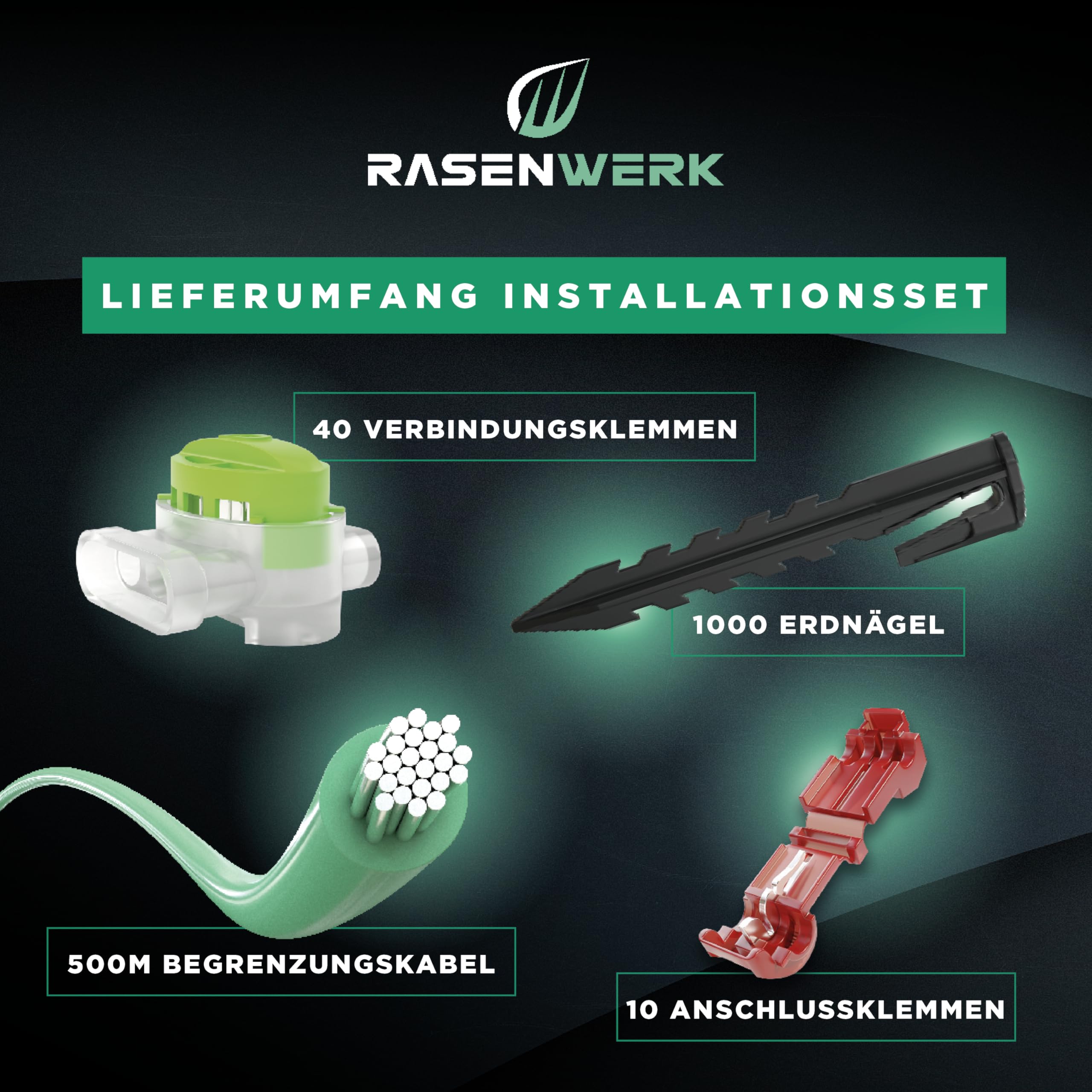 Set installazione cavo perimetrale RASENWERK® per robot rasaerba - 1000 picchetti - 40 morsetti di collegamento - 500m di cavo perimetrale per robot rasaerba - 3 morsetti di collegamento