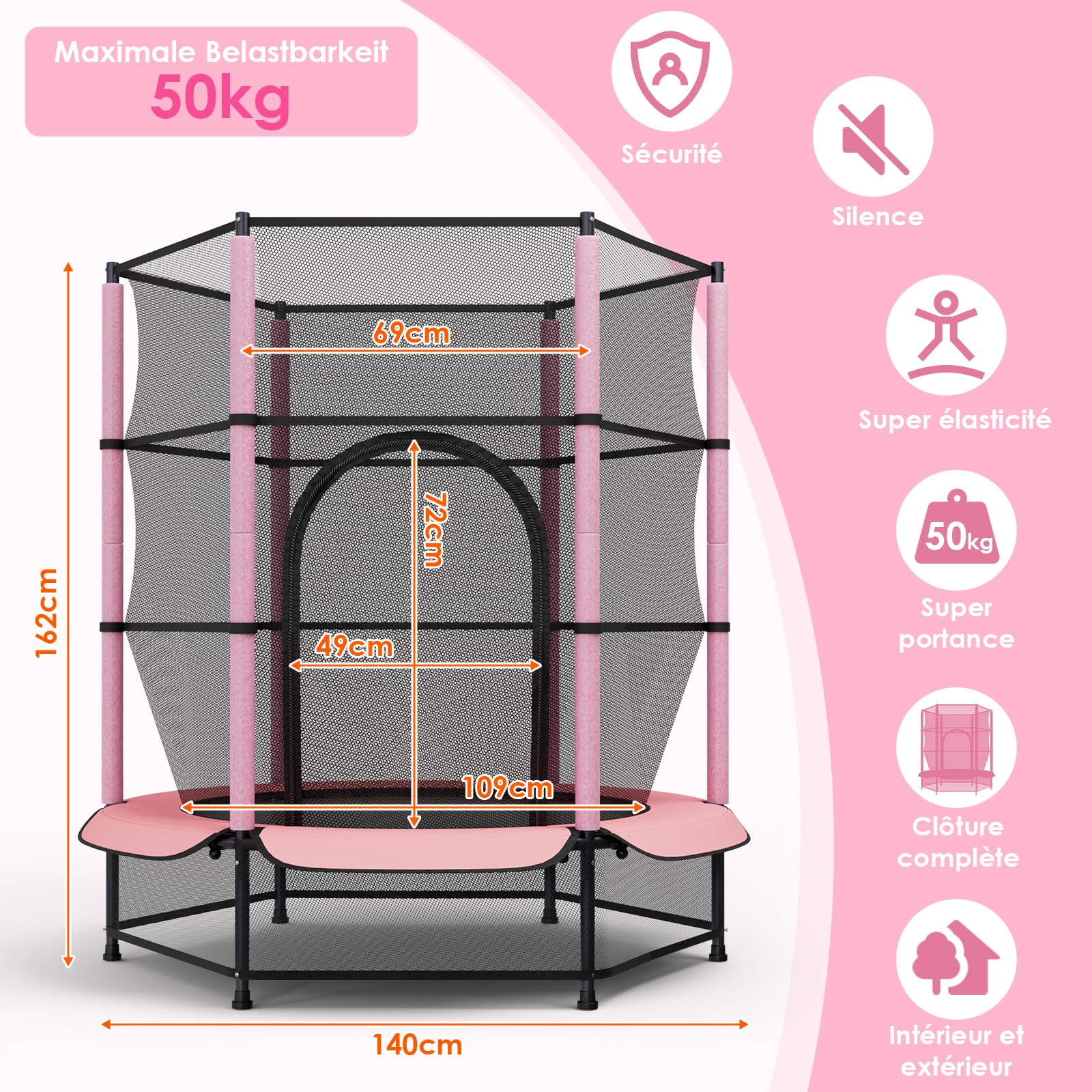LIFERUN Trampolino per bambini, per esterni, Ø 140 cm, per interni e bambini, con rete di sicurezza, trampolino da giardino per allenamento e intrattenimento, fino a 50 kg