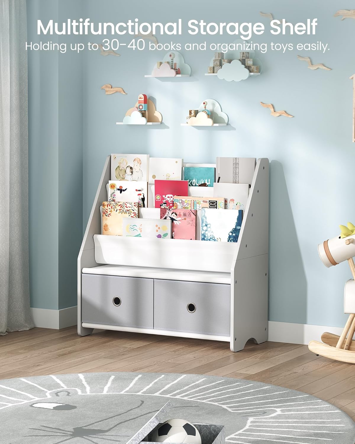 Kids Bookshelf and 43.3" Wooden Storage Chest, 4 Tier Sling Kids Bookcase, Storage Chest, for Kids Room, Nursery, Playroom, White and Gray MCW06WT-MCW11HC