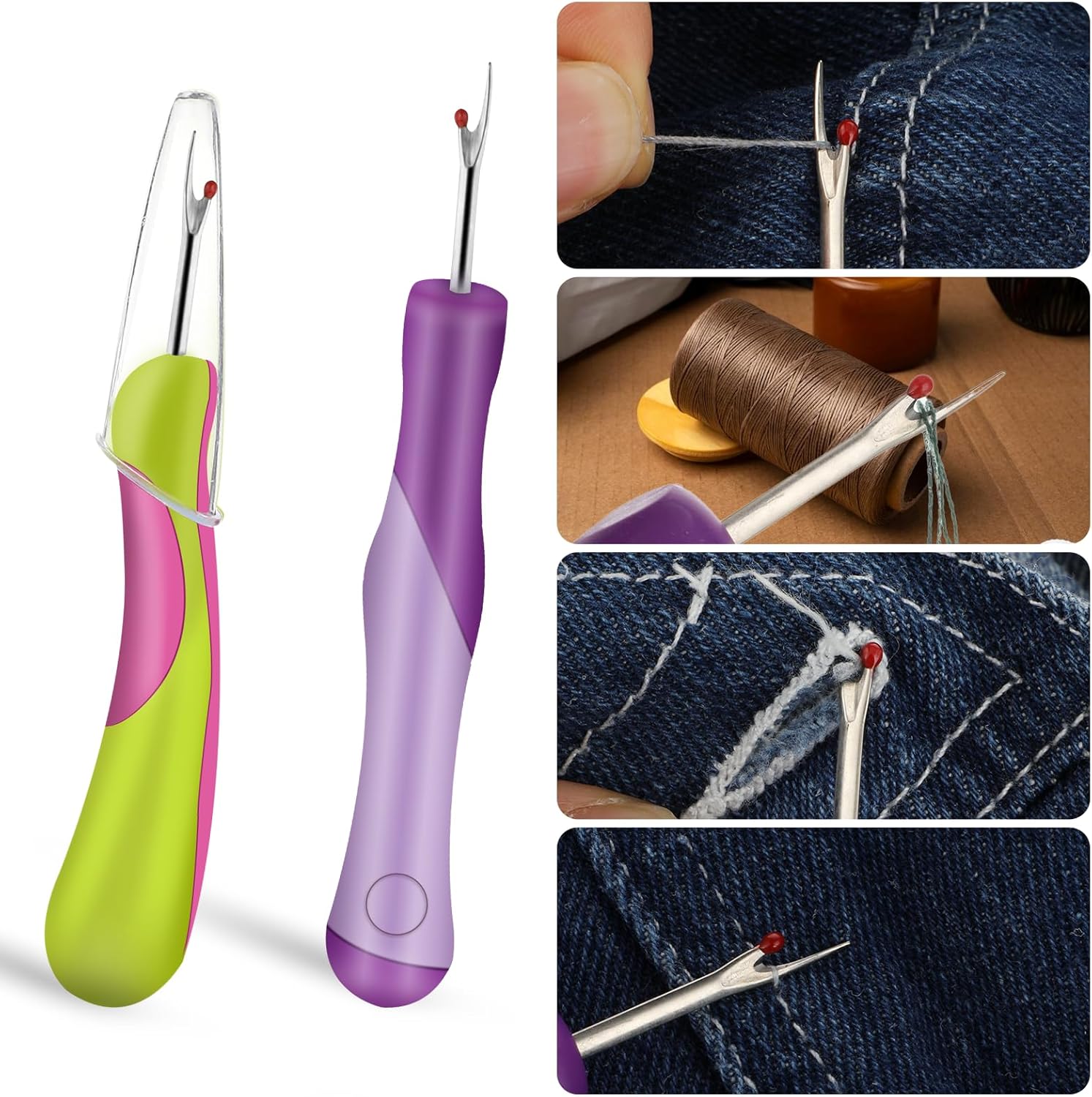 JIYIN 2 PCS Sewing Seam Rippers, Sewing Seam Thread Removers Stitch Rippers, Handy Unpicker Ergonomic Grip Thread Stitch Remover Tool for Sewing Crafting Knitting Embroidery(Purple+Green)