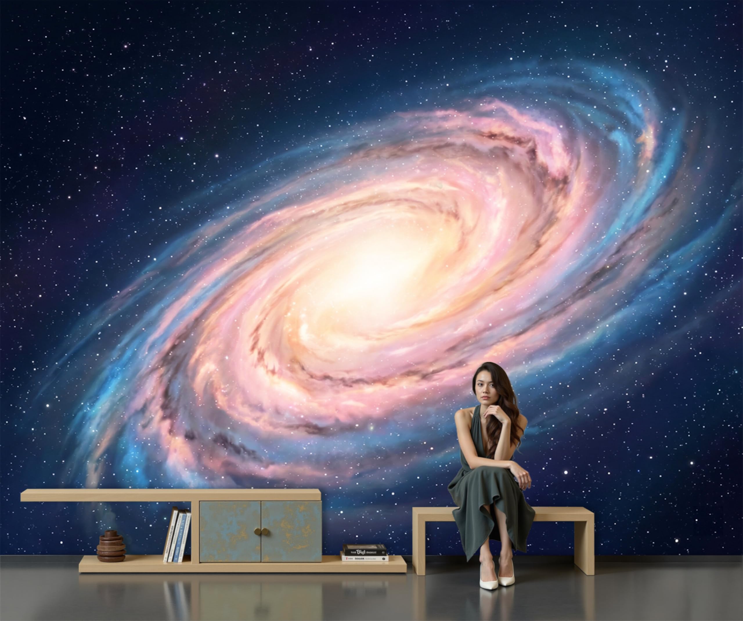 Papier peint soie panoramique galaxie rose bleu 3D 200x140cm