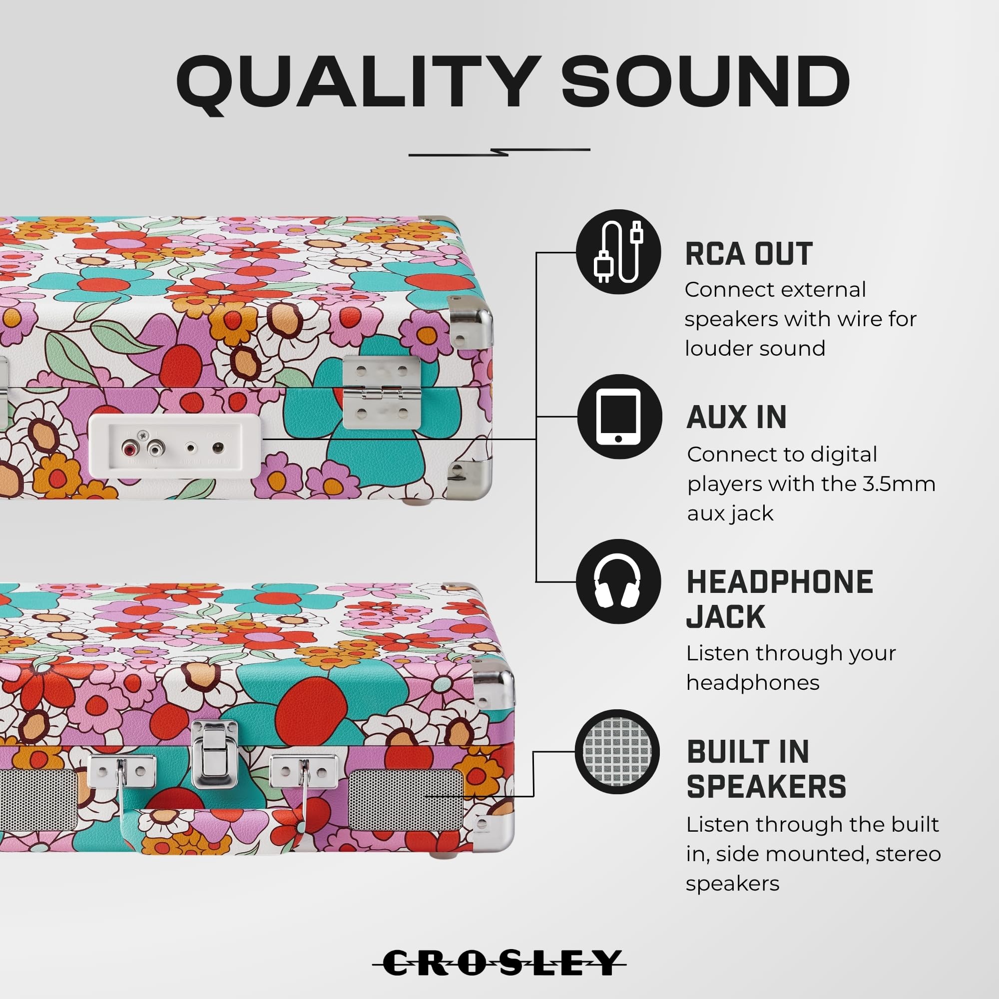 Crosley Cruiser Plus Tourne-Disque rétro avec 2 Haut-parleurs, Bluetooth in & Out et Aux 3 Vitesses, Tourne-Disque rétro, pour Vinyle de 7", 10" et 12", Portable avec Mallette intégrée, Fleurs Groovy