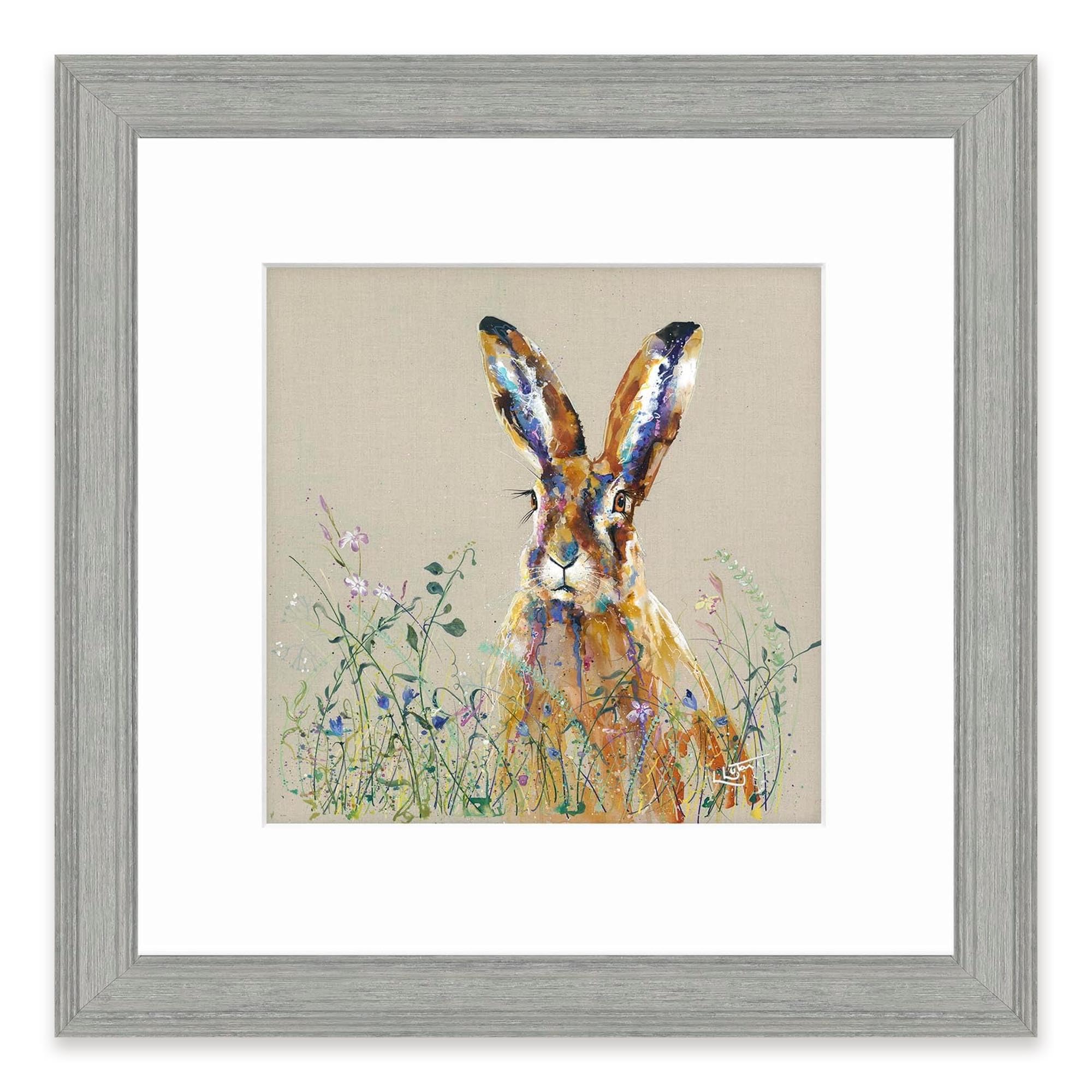 Artko Hare & Wildflowers Framed Print Wall Art - 'Spring Meadow' by Louise Luton - Wildlife Themed Artwork - Ready to Hang Animal Home Décor - 35cm x 35cm