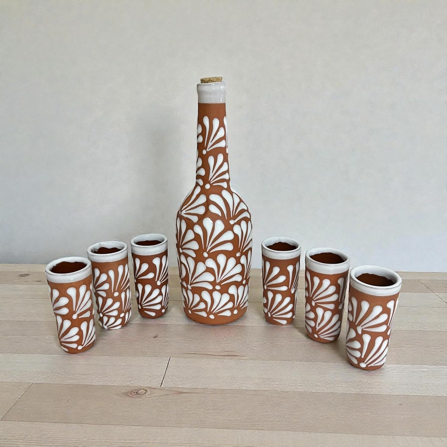 Mexican Clay Decanter Set with 6 Tall Tequileros – 7-Piece Hand-Painted Talavera Style Barro Shot Glass Set