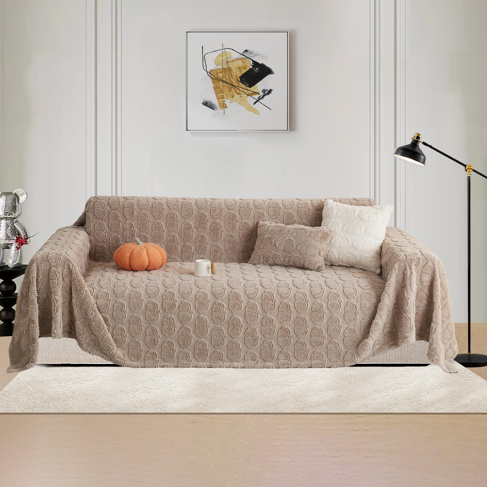 LiveGo Rabbit Plush Fleece Chenille Sofa Cover for 3 Seater, Soft Non-Slip Slipcover, All-Season Washable Couch Protector for Dogs, Decorative Futon & L Shaped Sofa Cover (Pumpkin Khaki, 180×380 cm) — image 1