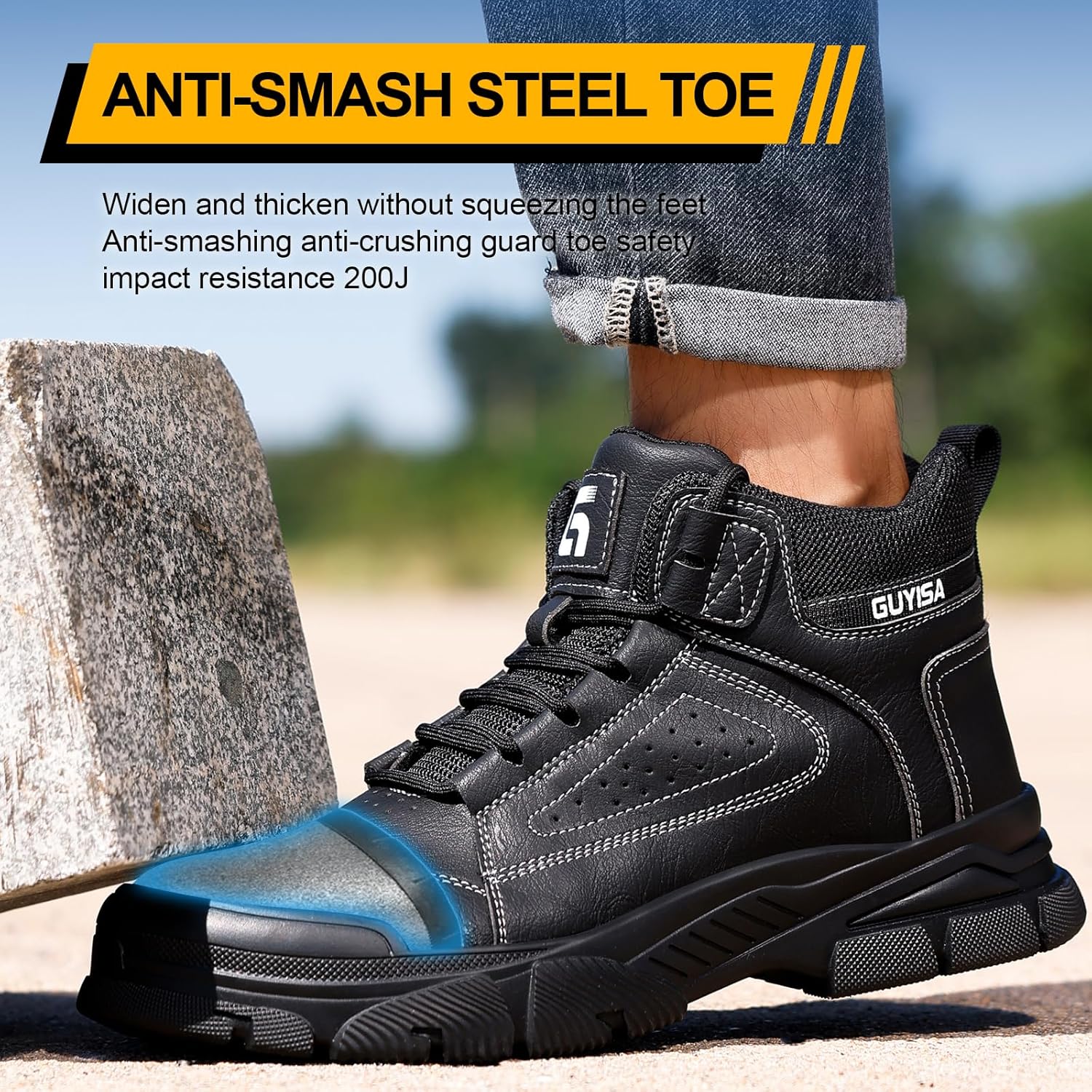 Work Boots for Men,Indestructible Steel Toe Shoes,Breathable High Top Steel Toe Boots for Men,Non Slip Lightweight Safety Work Shoes. - Image 2