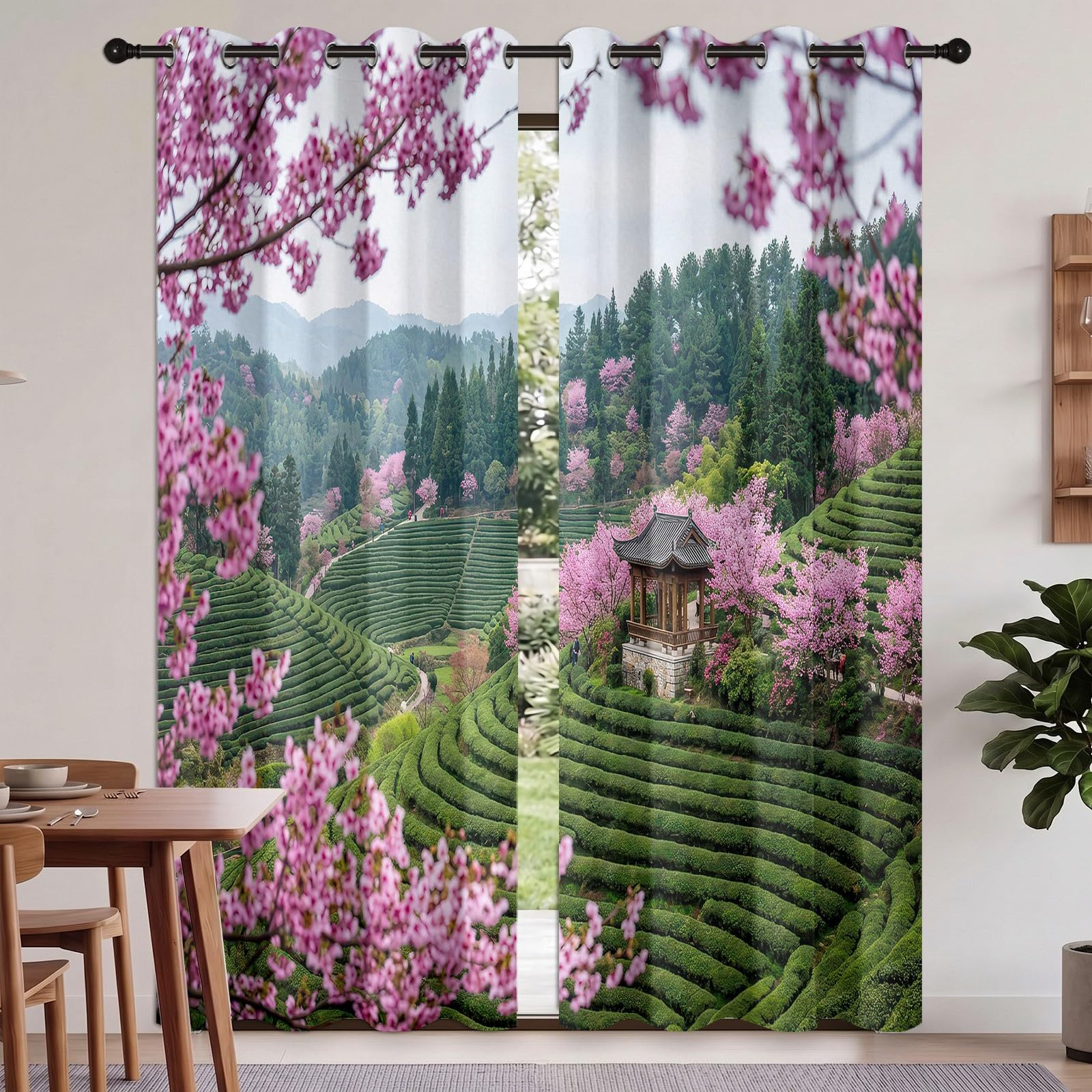Kirschblüten Terrassenfelder Vorhäng mit Ösen, H175 x B140 cm (2er Pack)