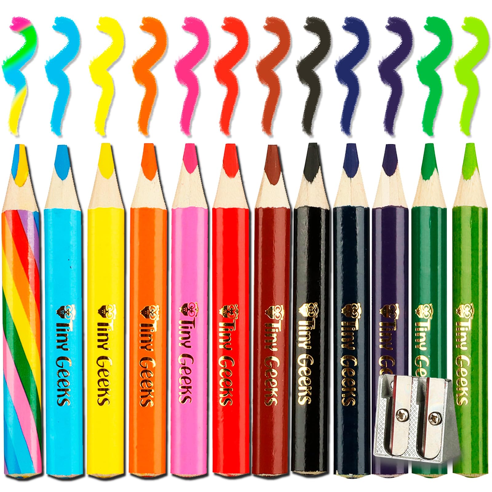 TinyGeeks Jumbo Pencils - NEW 2024-12 Triangle Short Colored Pencils for Kids and Rainbow Pencil + Sharpener - Perfect for Preschool, Toddlers and Beginners + Recommended by Teachers & Experts