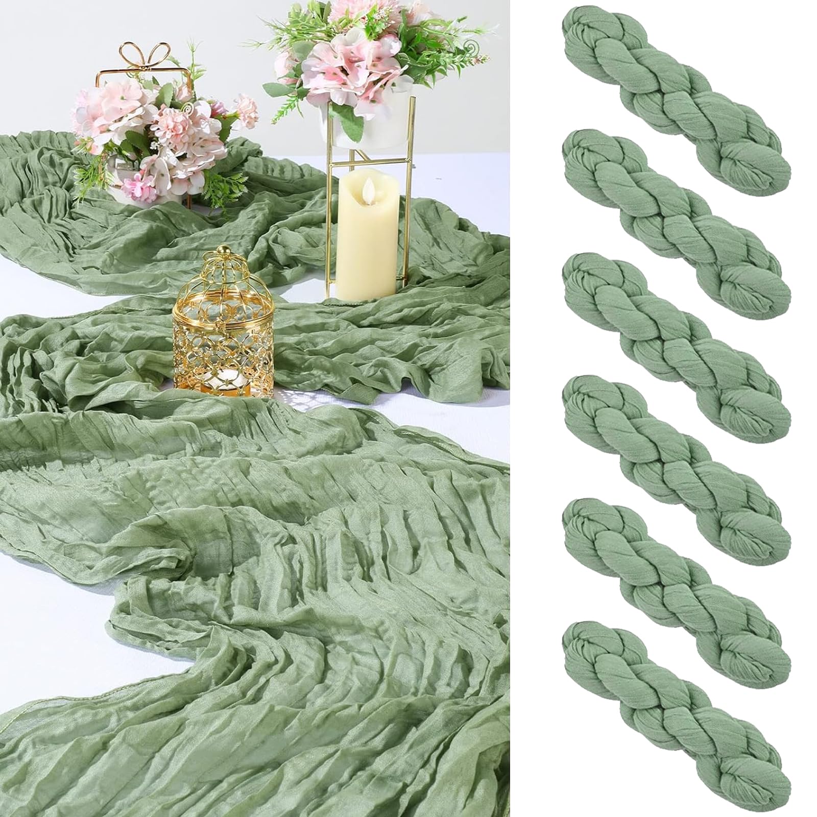 MUUKAIII 6 Piezas Camino de Mesa Verde Salvia 90 x 300 cm Camino de Mesa Verde Boho Banda de Mesa Bohemio con Textura Arrugada, Mantel Rústico de Gasa para Boda Cumpleaños Decoracion de Mesa