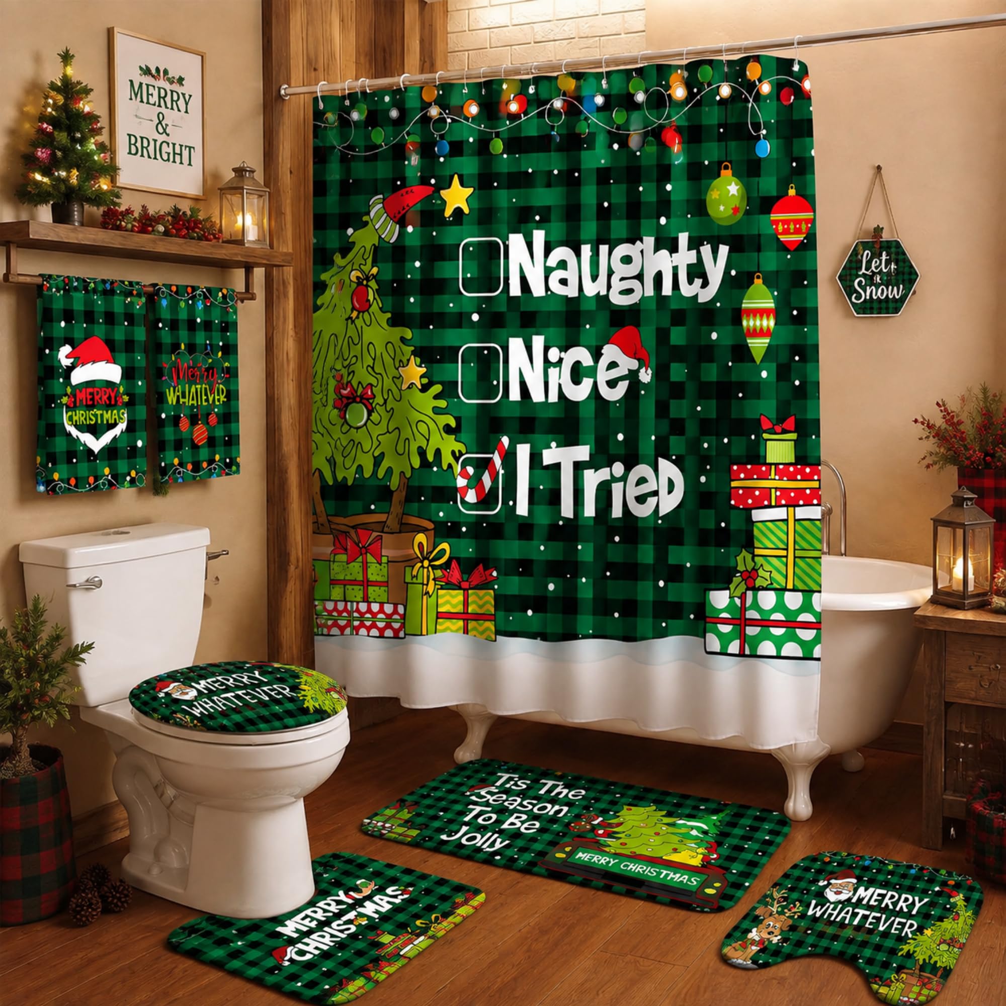 HunnmingRe 6 Pcs Christmas Bathroom Decor Green Black Shower Curtain