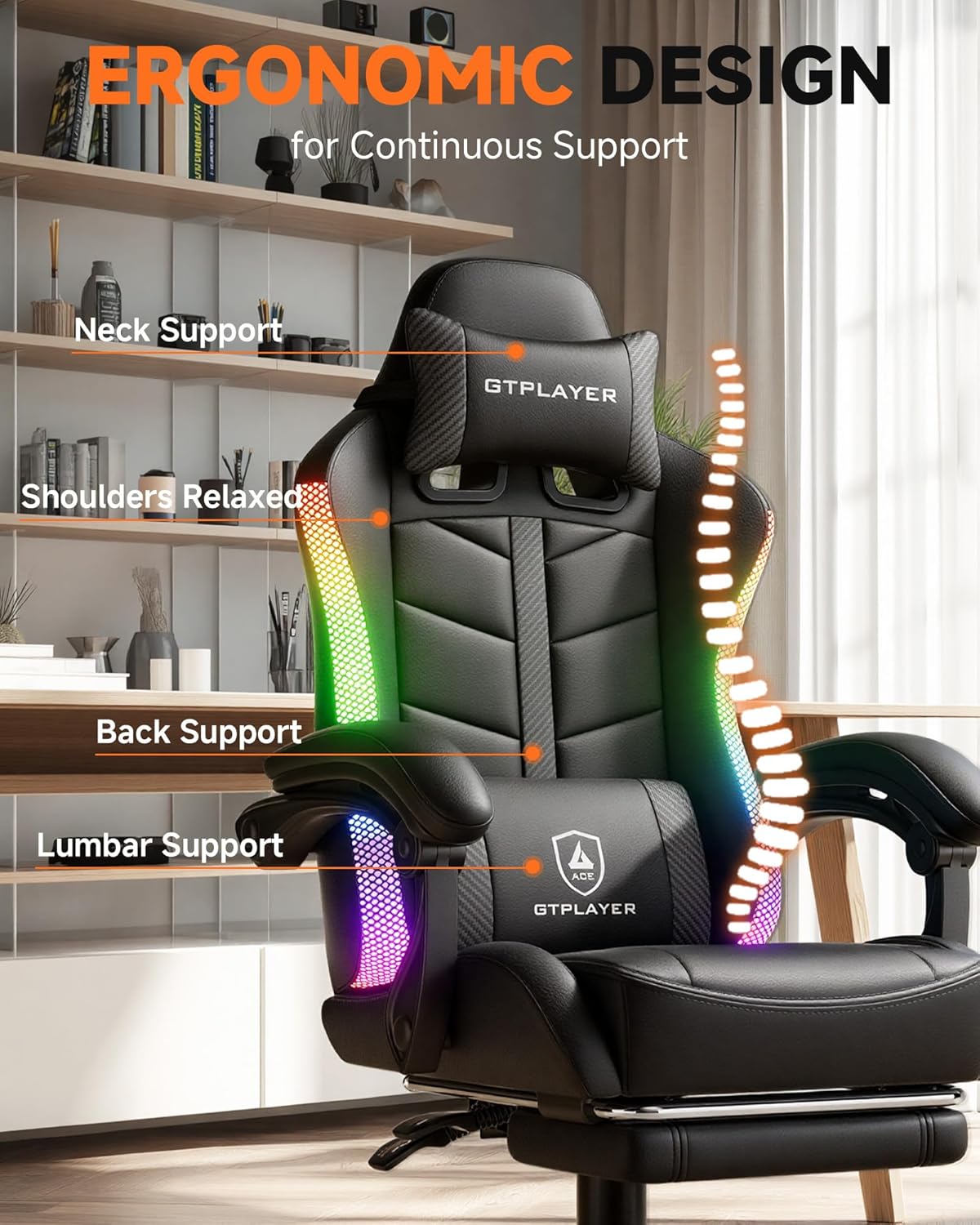 GTPLAYER Gaming Chair, Ergonomic Computer Office Chairs for Adults with Footrest, Height Adjustable, Linkage Armrests, 90-155° Recline & Headrest Lumbar Support, RGB Black