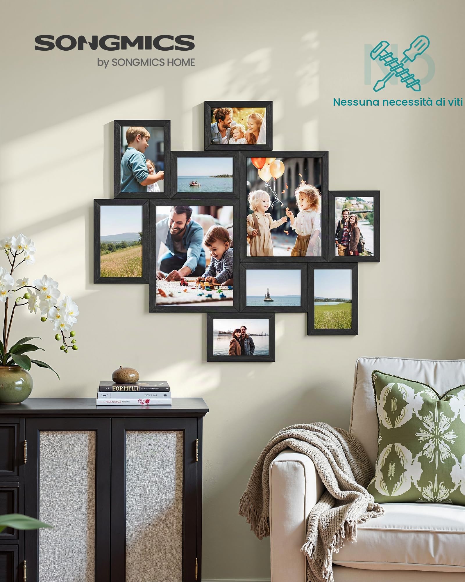 SONGMICS Set di 10 Cornici per Foto in PVC, Portafoto Multiplo da Parete Collage a Incastro, Due da 20 x 25 cm, Quattro da 13 x 18 cm, Quattro da 10 x 15 cm, Nero, Collezione Kavi RPF100BZ01