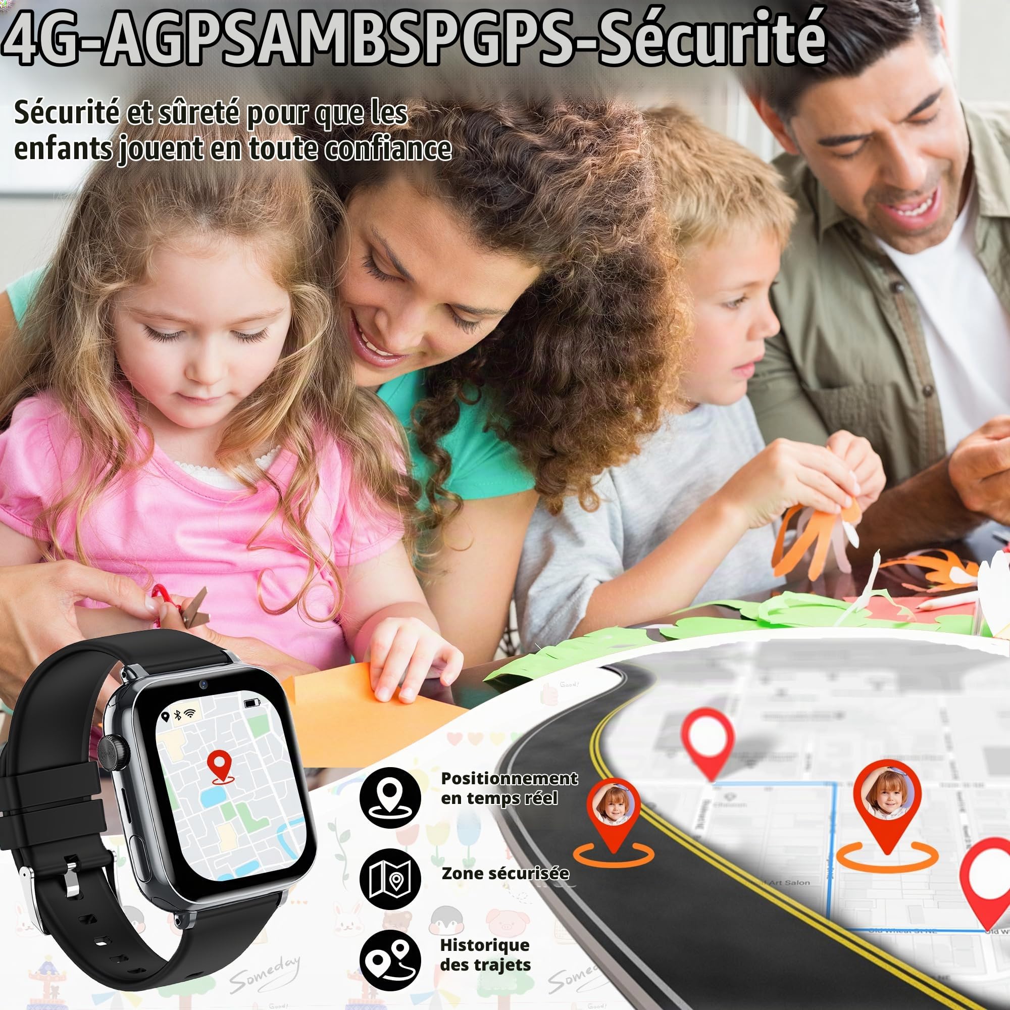 Montre Connectée Enfant GPS 4G Appel Vidéo SOS Chat Familial Podomètre | localisation en temps réel, appel vocal, zone de sécurité, jeux, mode classe, telephone, réveil, ip68, cadeau filles garçons